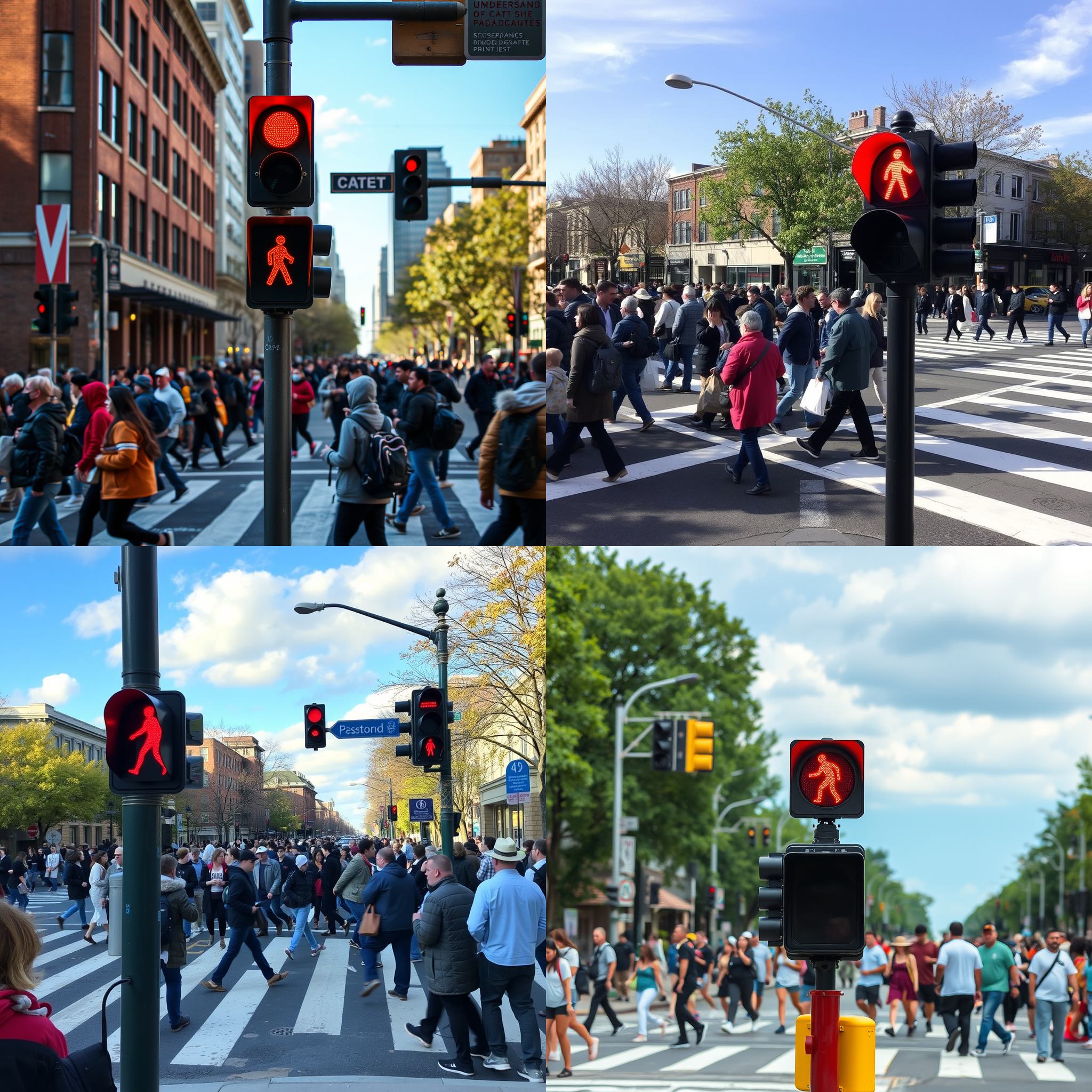 A crowded crosswalk with a red pedestrian signal