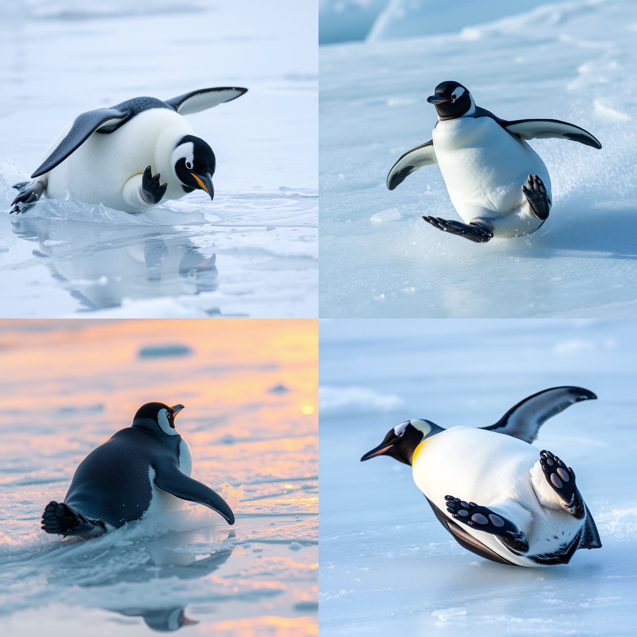 A penguin sliding on ice