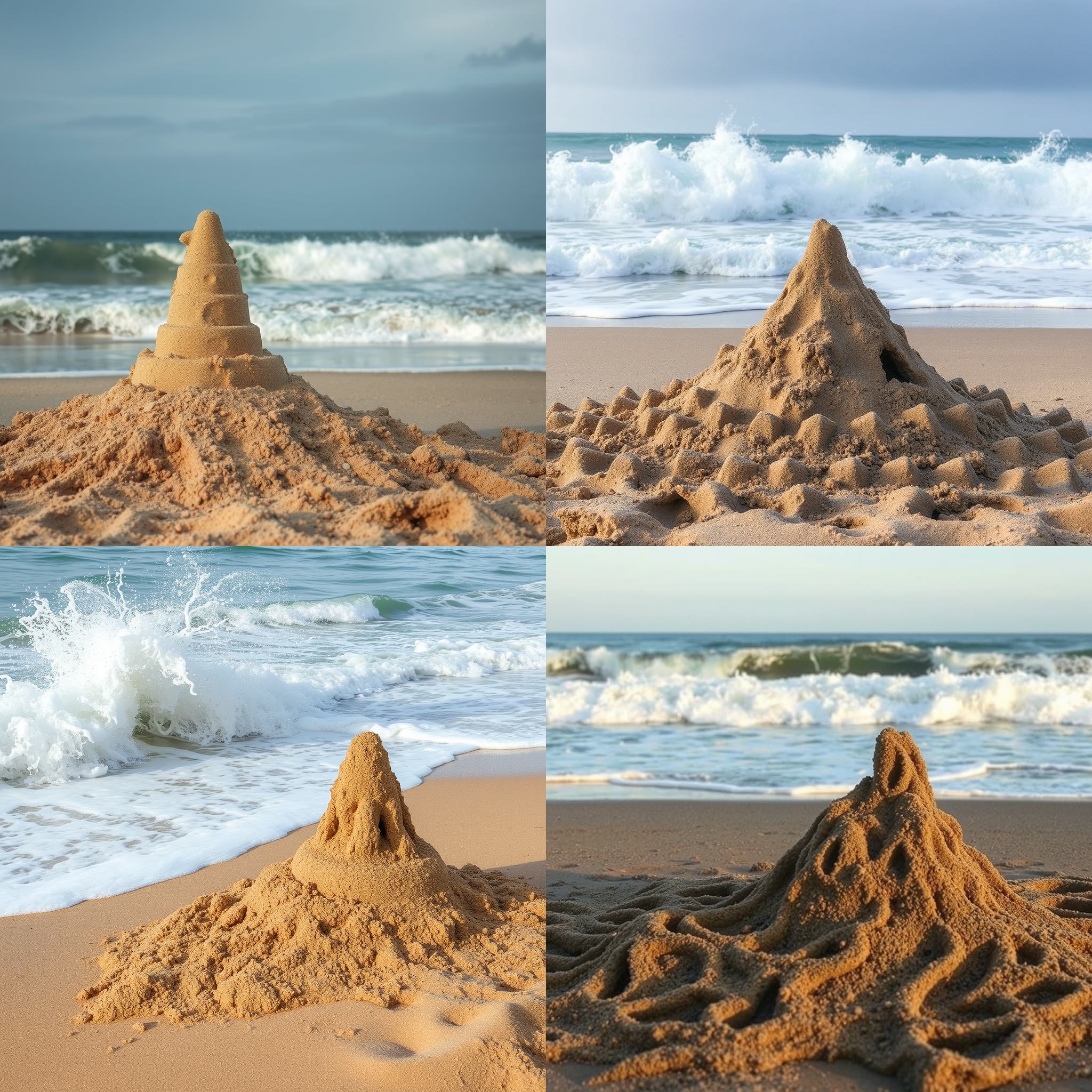 A sandcastle after being hit by a strong wave