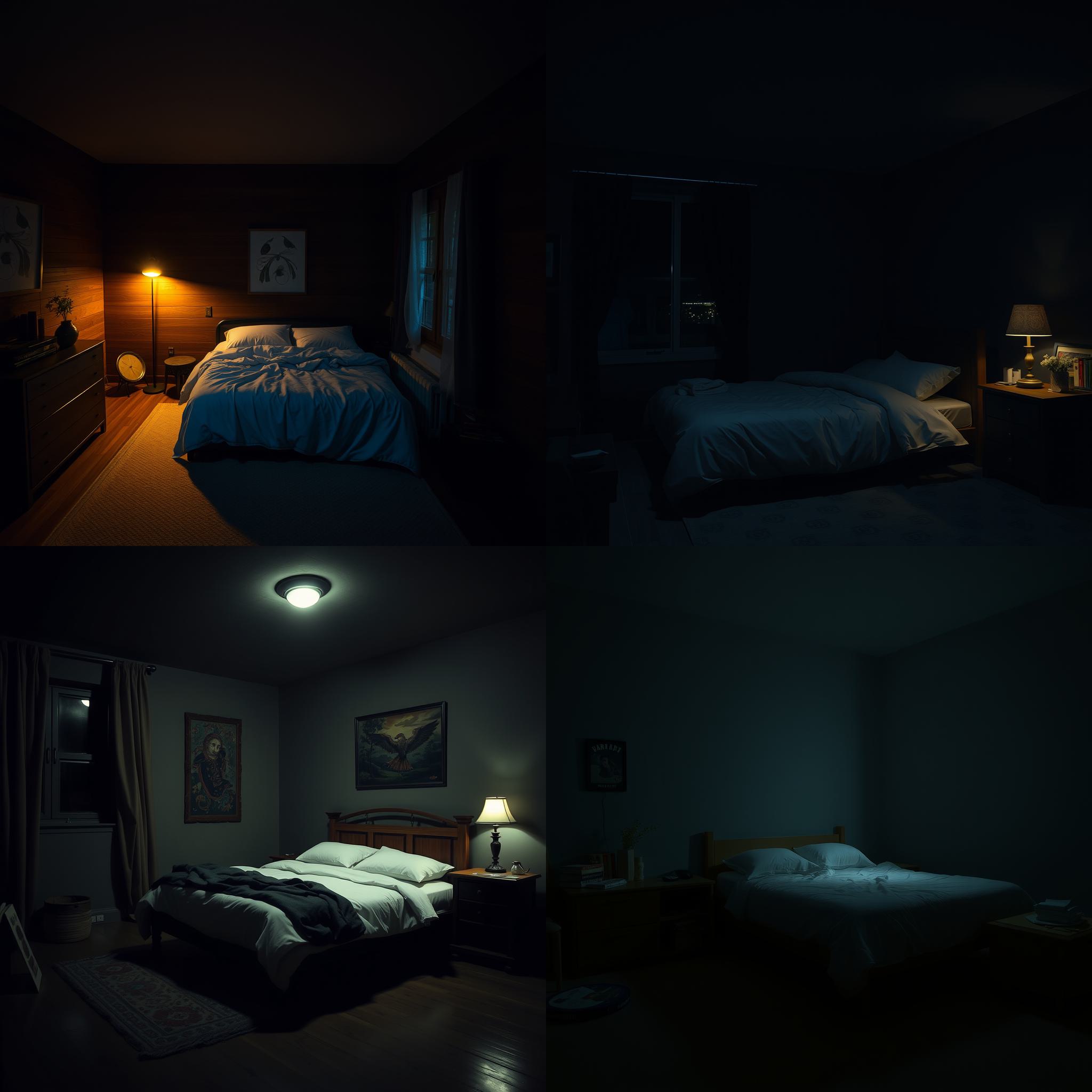 A bedroom at night with no electricity