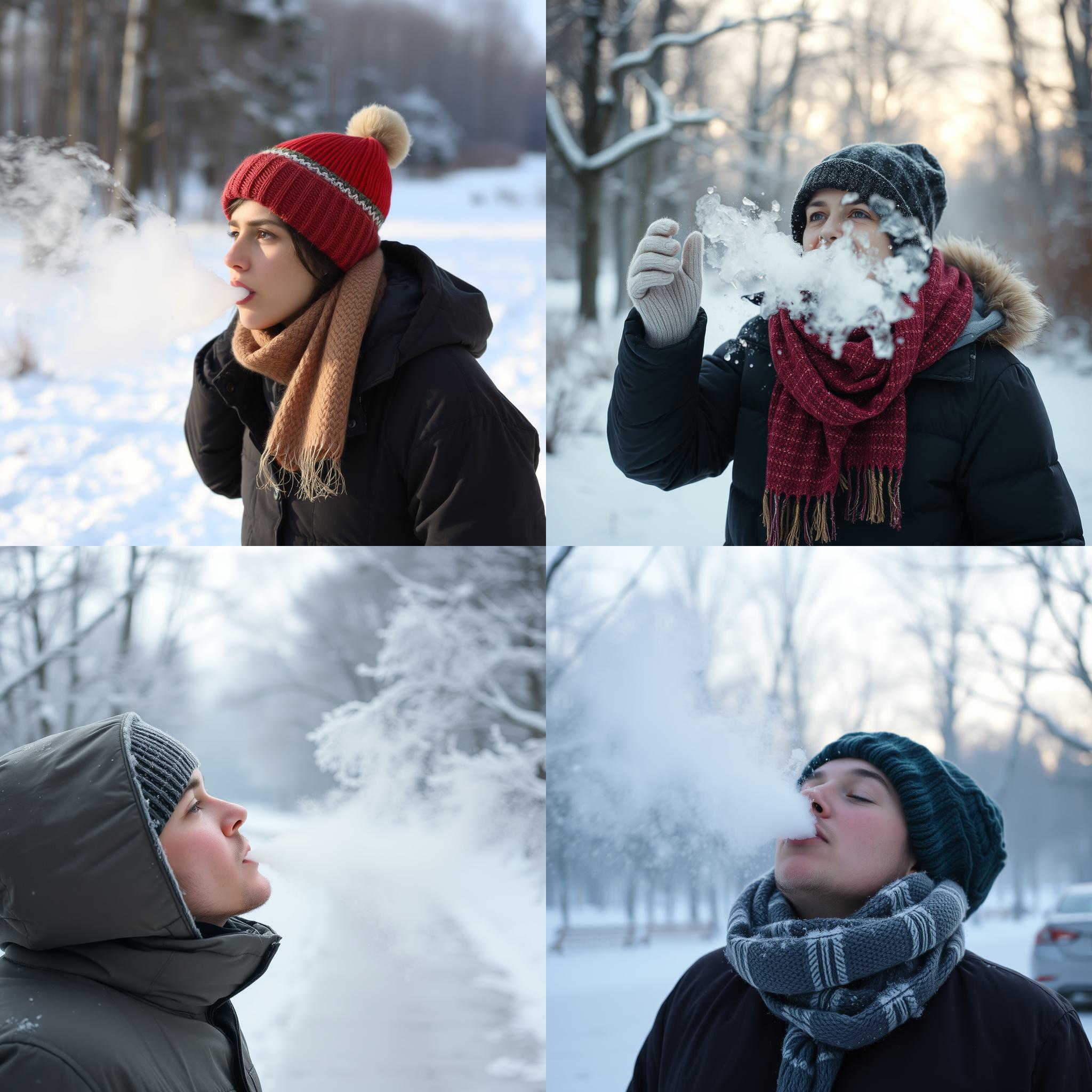 A person exhaling on a freezing winter day