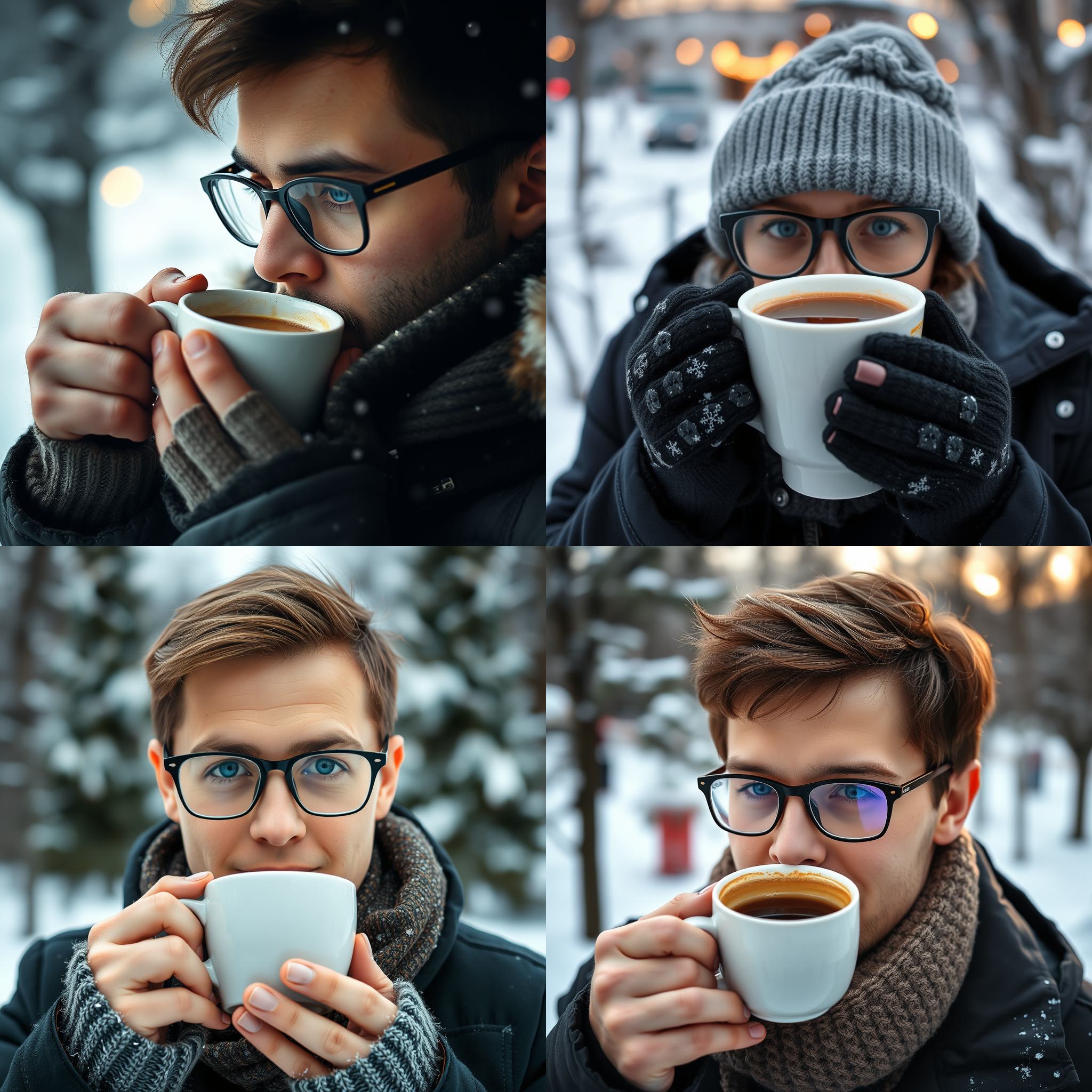 A person with glasses drinking hot coffee in winter