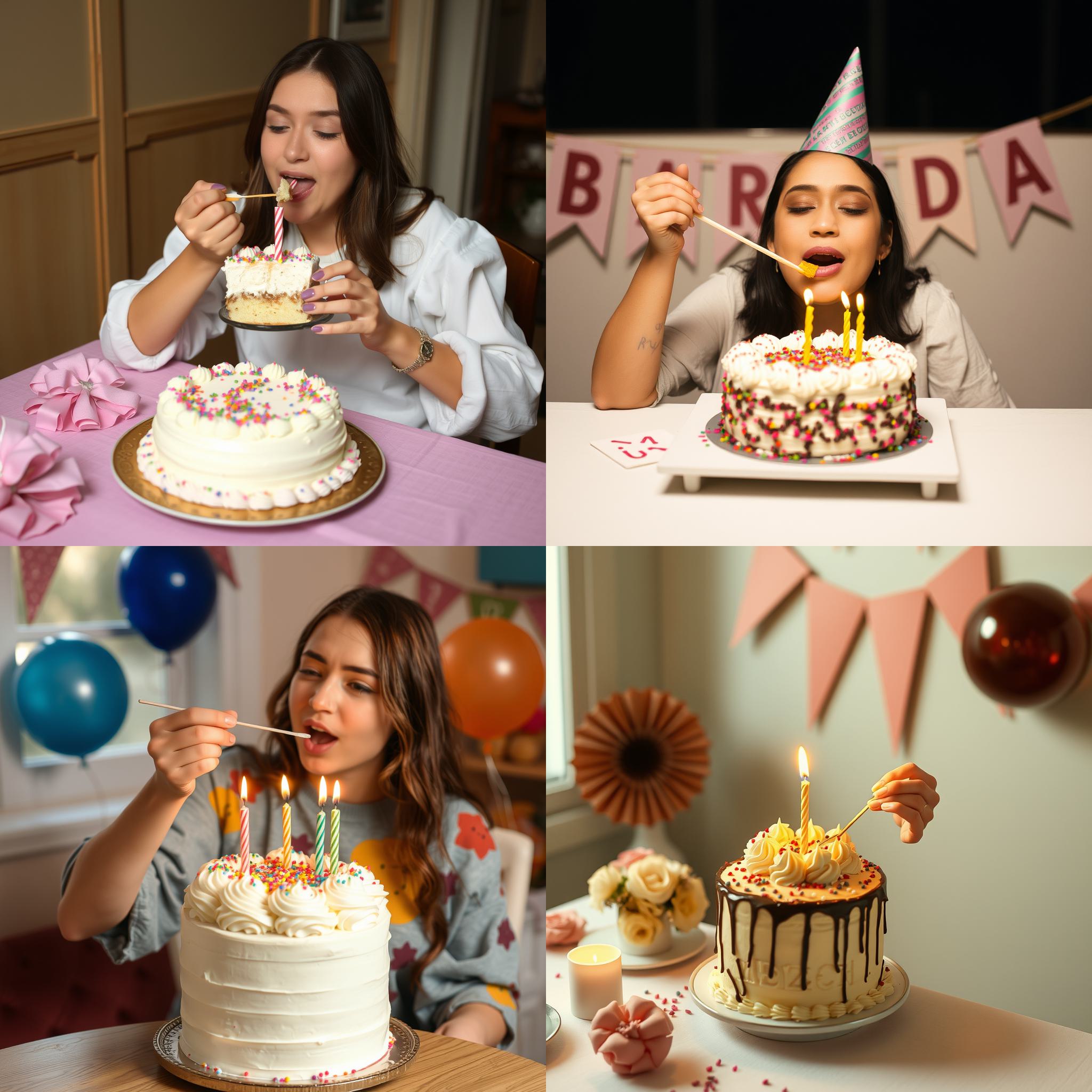 A person eating a cake on her birthday