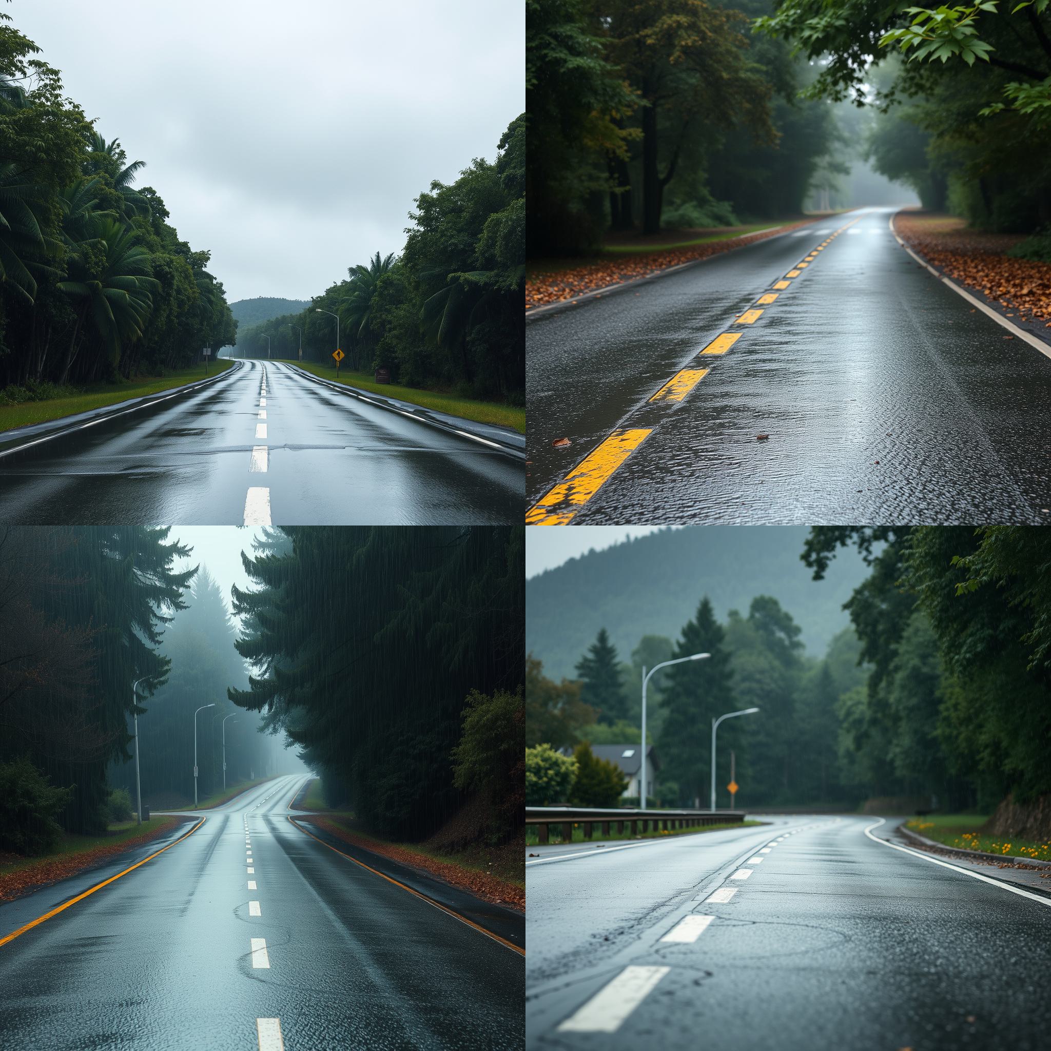 An asphalt road on a rainy day