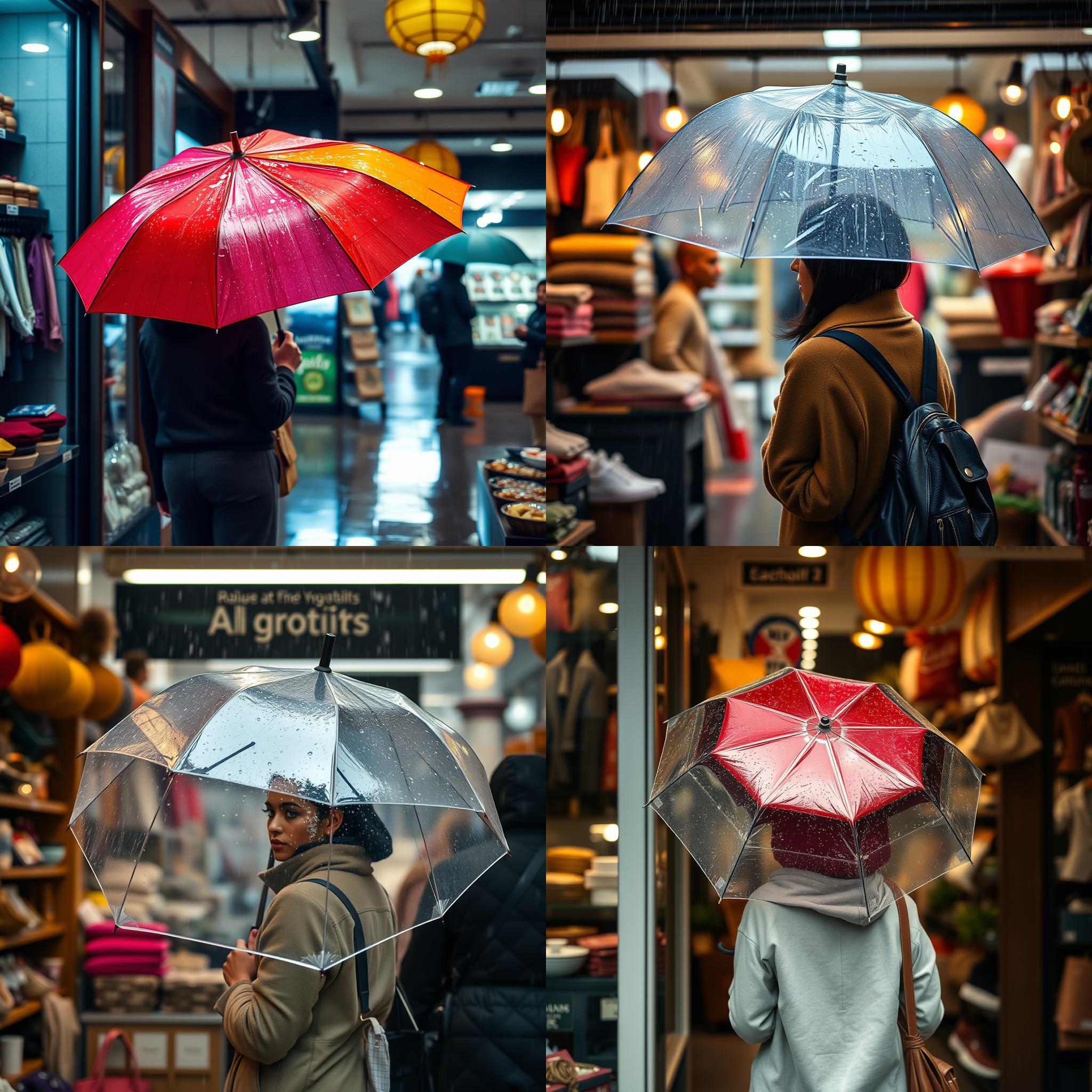 A person with an umbrella in a shop on a rainy day