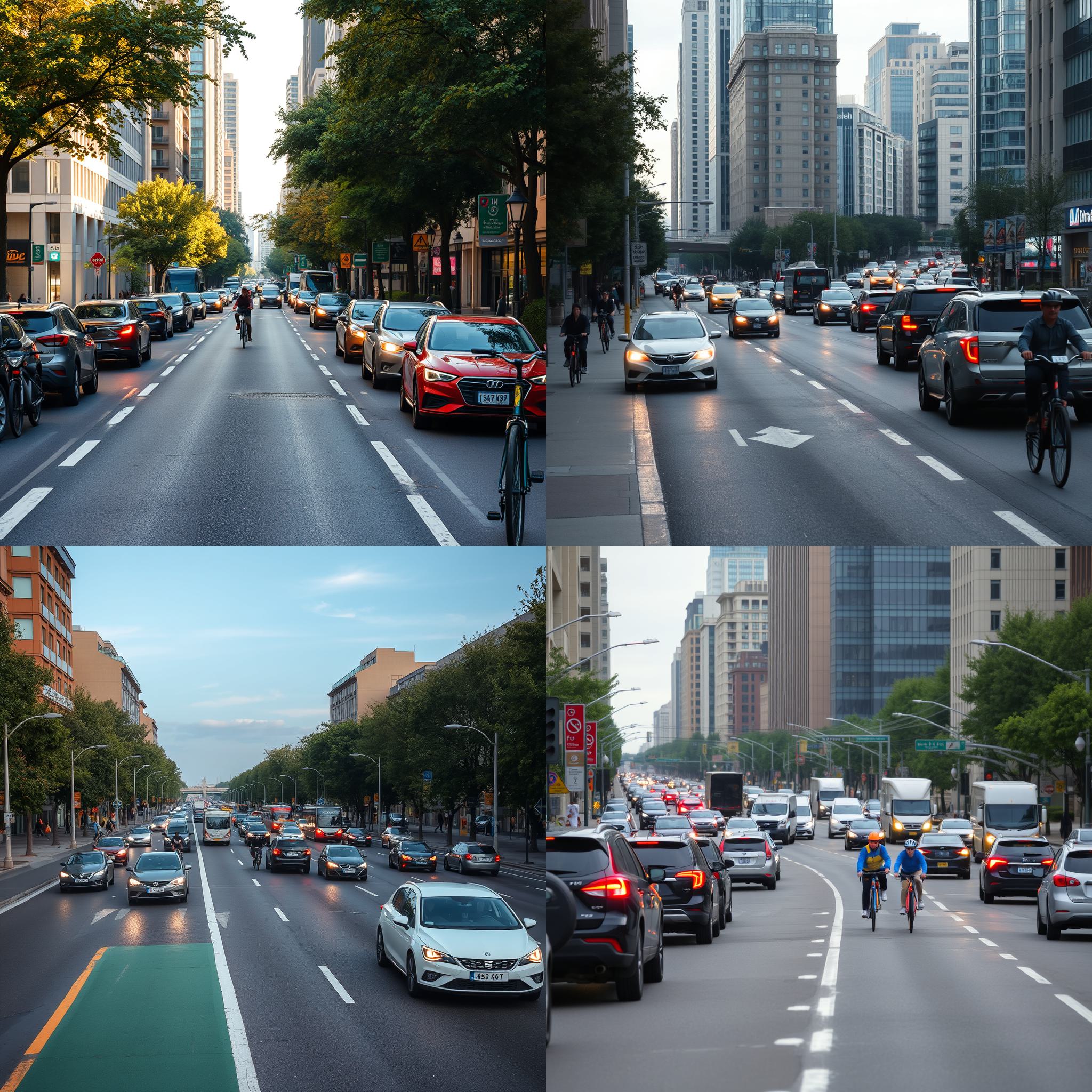 A congested road in the city with bicycle lanes