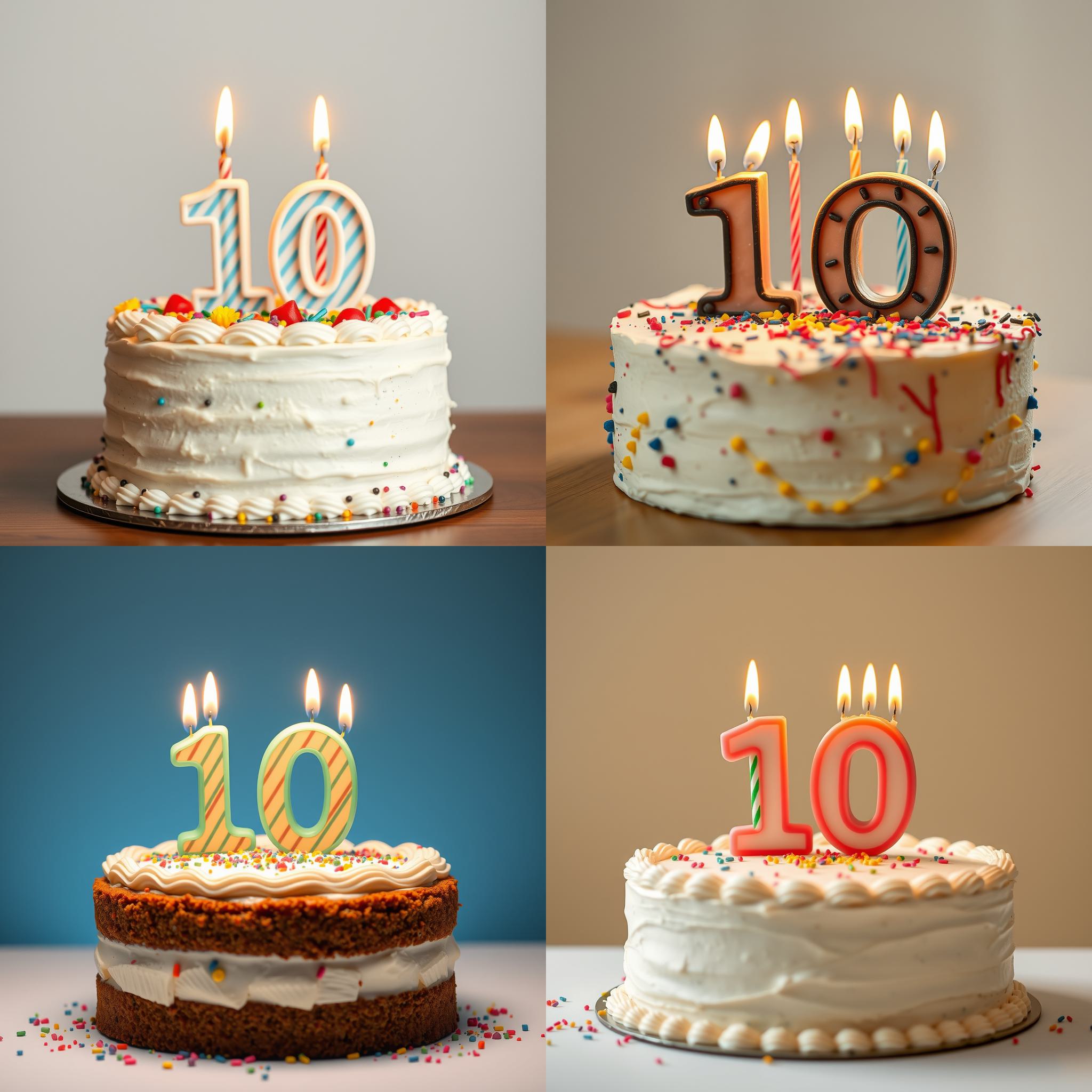 A ten-year-old kid's birthday cake with taper candles