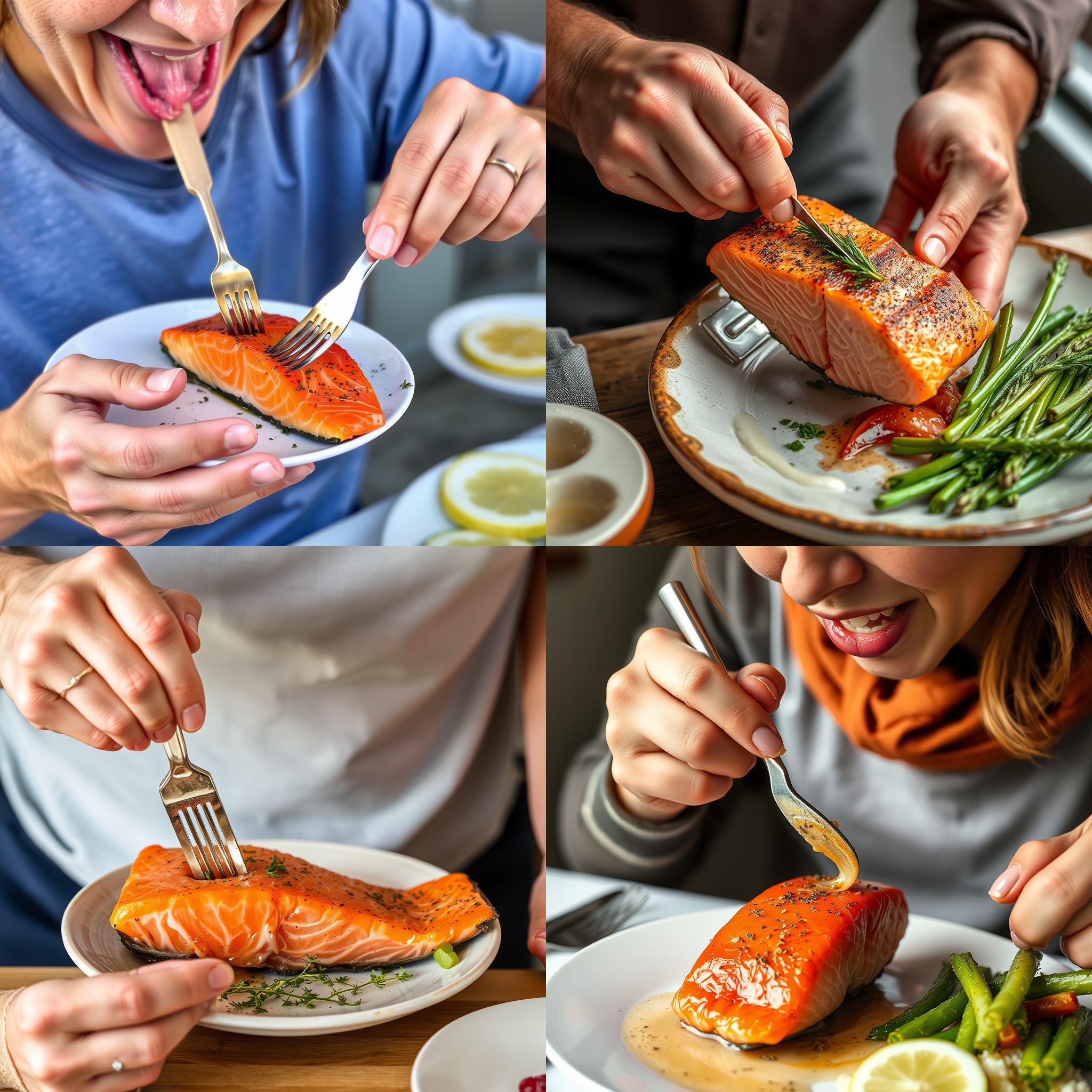 A person eating salmon