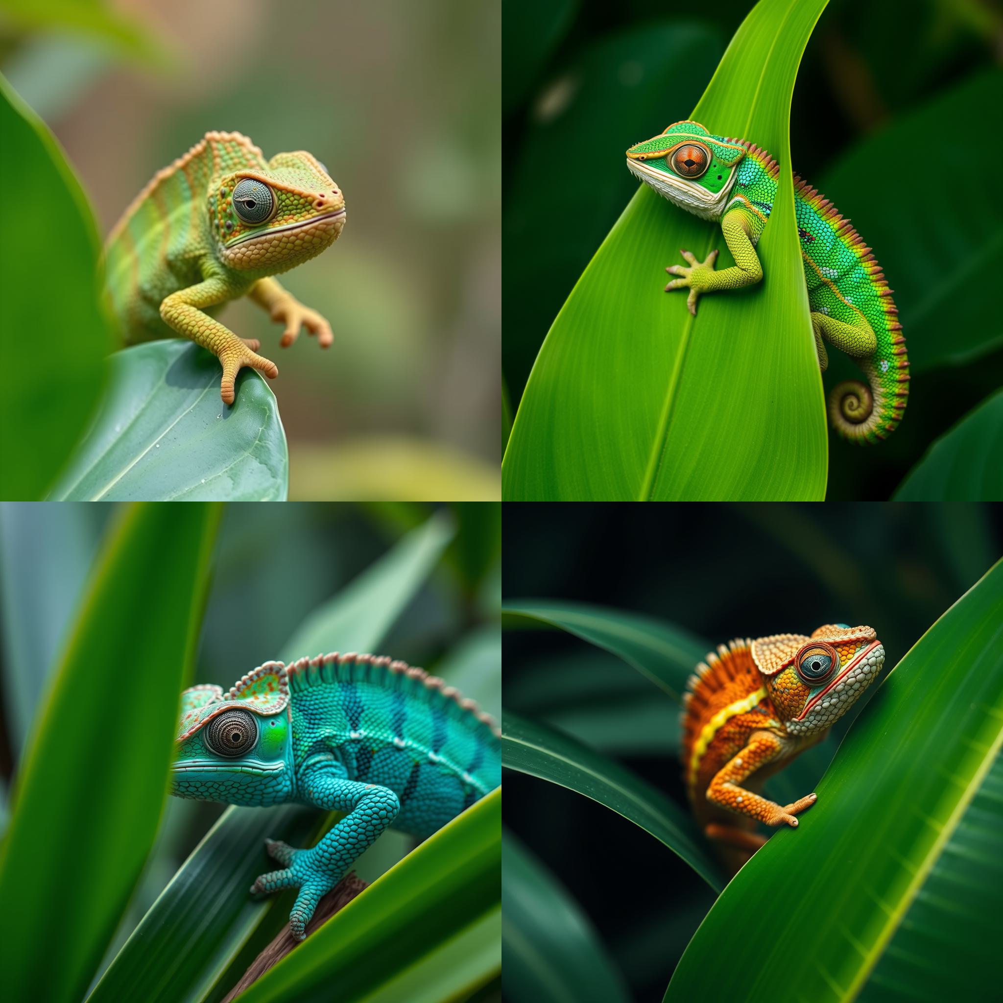 A chameleon blending in with a green leaf