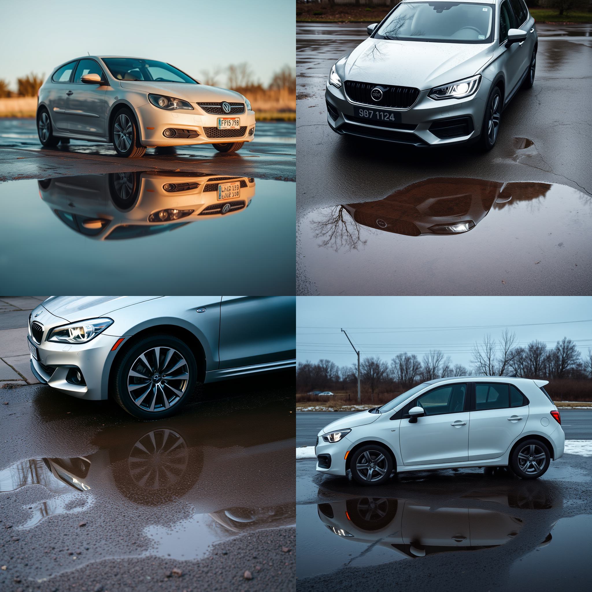 A car parked above a puddle