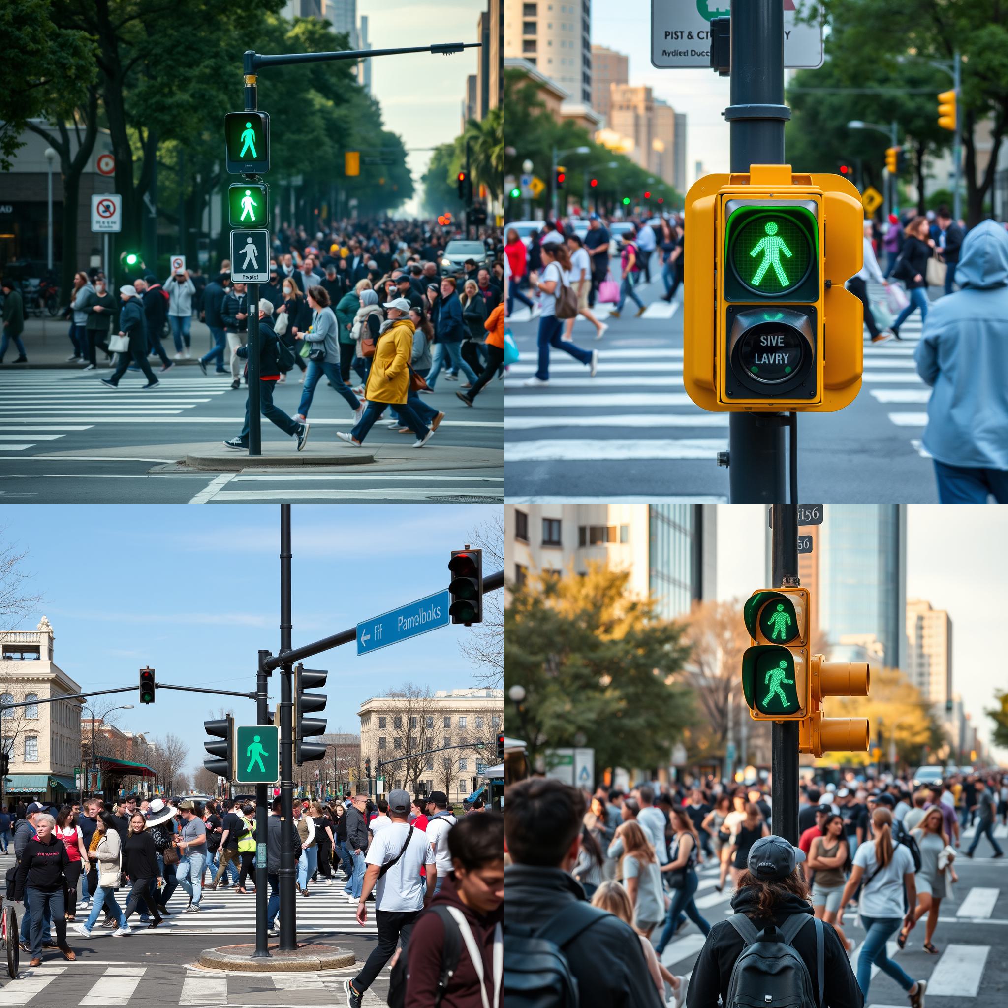 A crowded crosswalk with a green pedestrian signal