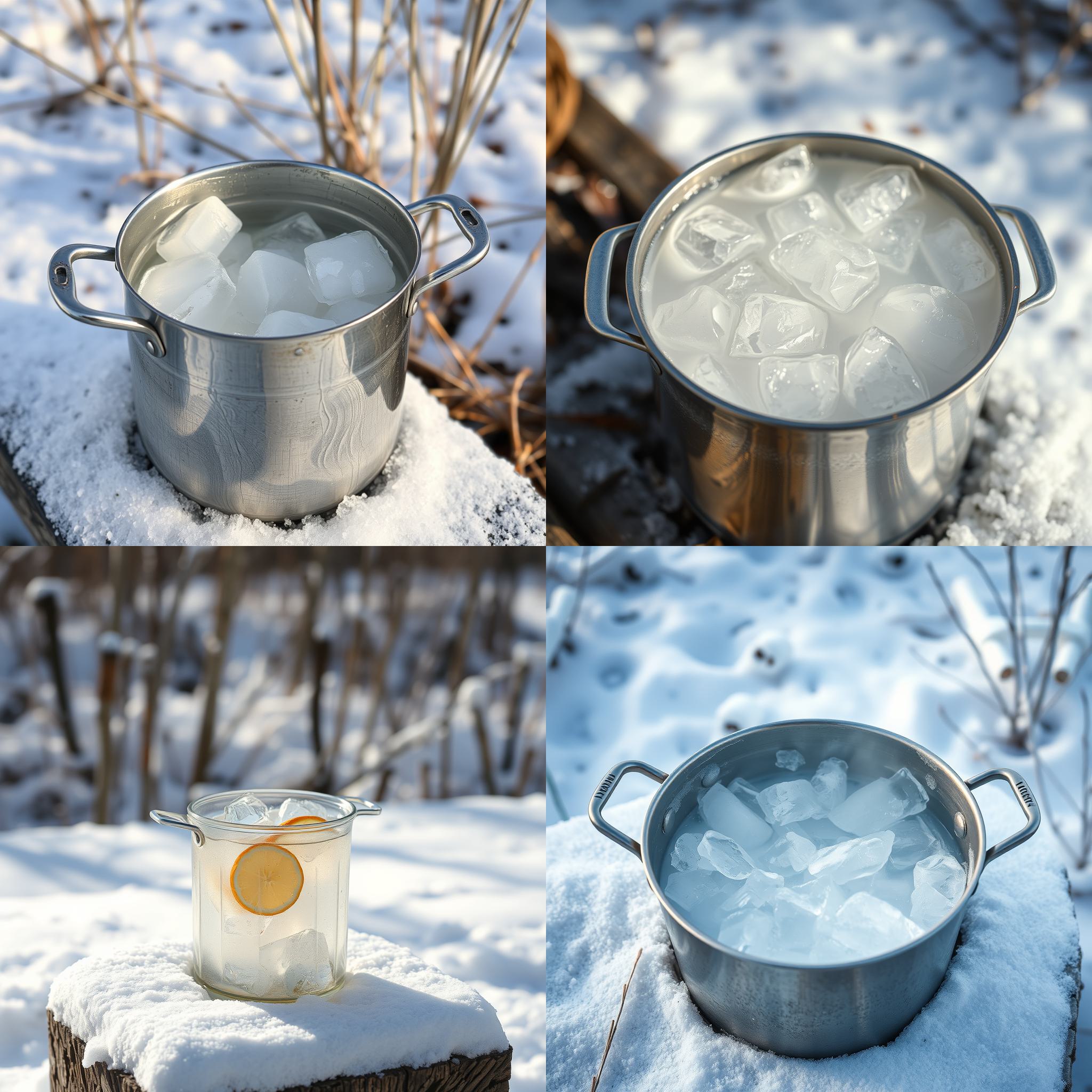 A pot of ice water on a cold day