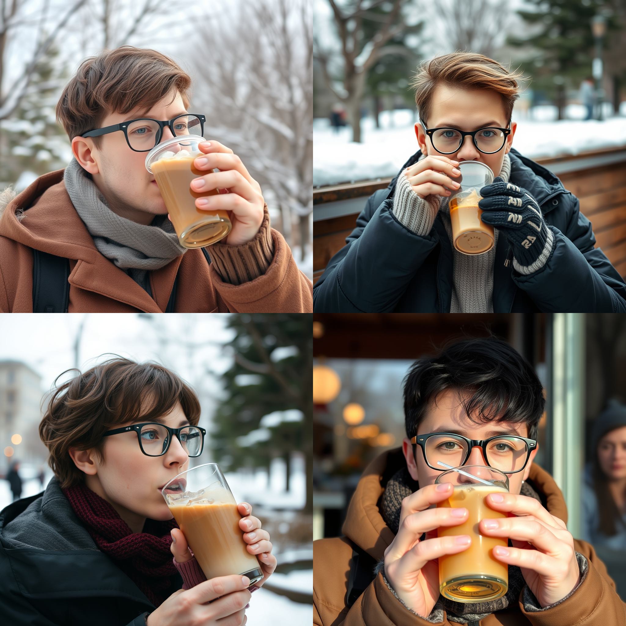 A person with glasses drinking iced coffee in winter