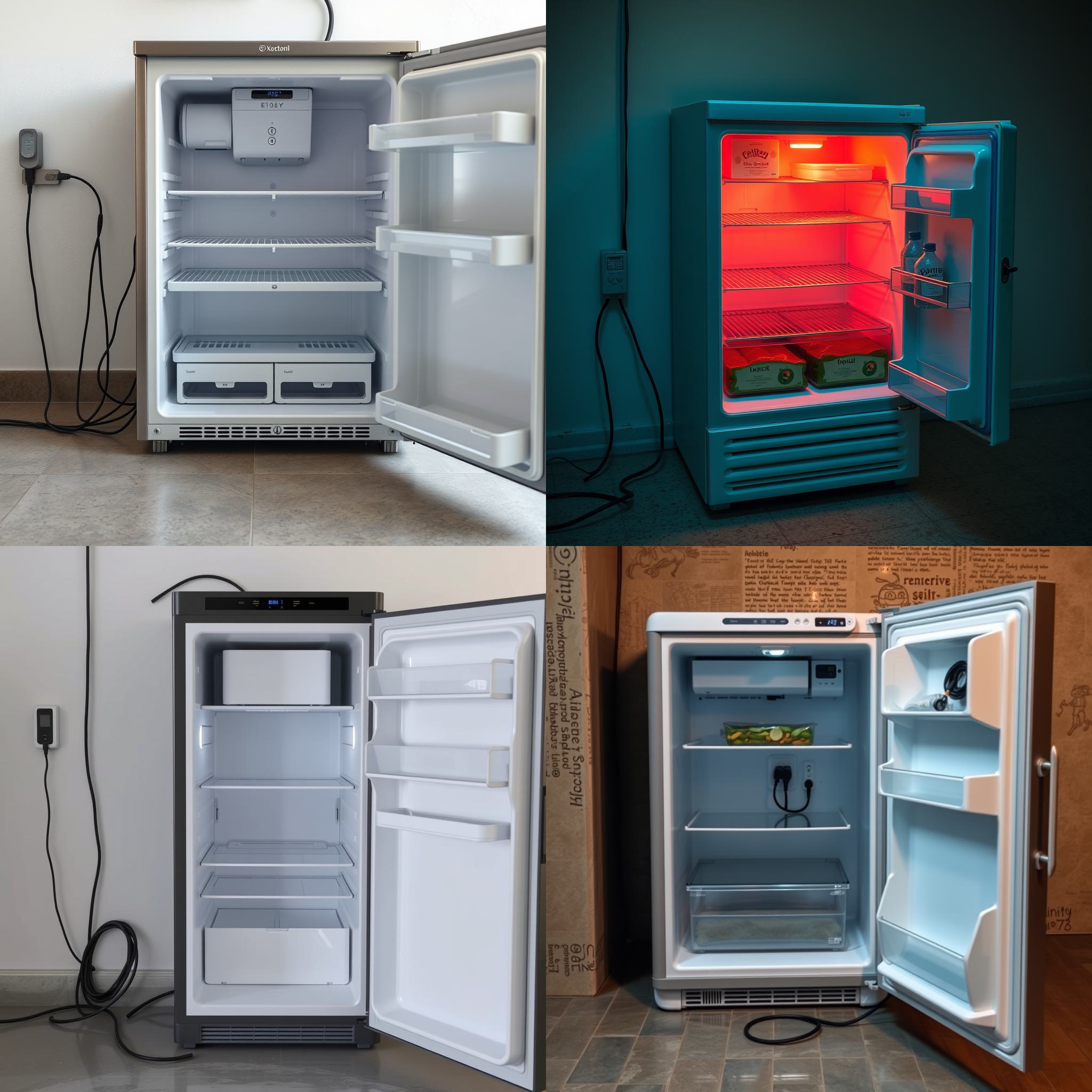 An open fridge connected to electricity