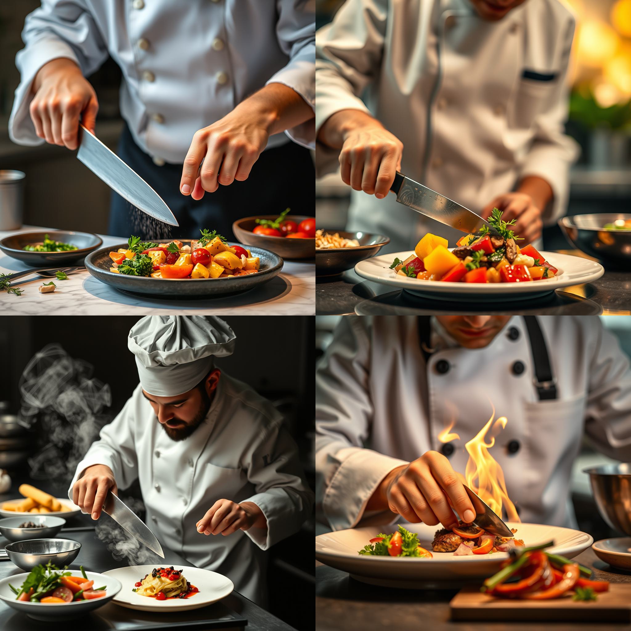 A chef preparing a meal with a knife