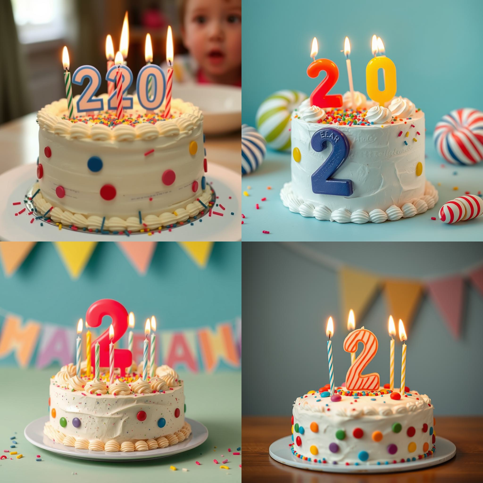 A two-year-old kid's birthday cake with taper candles