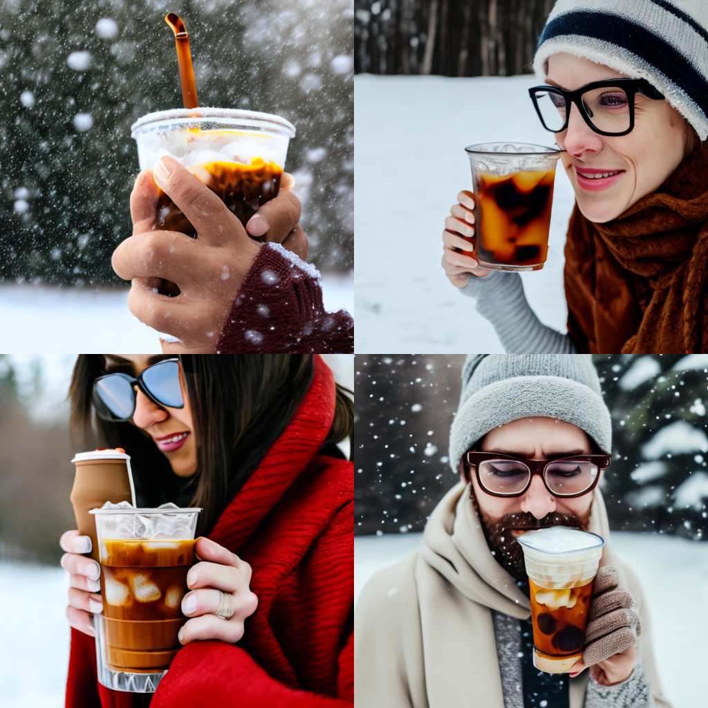 A person with glasses drinking iced coffee in winter