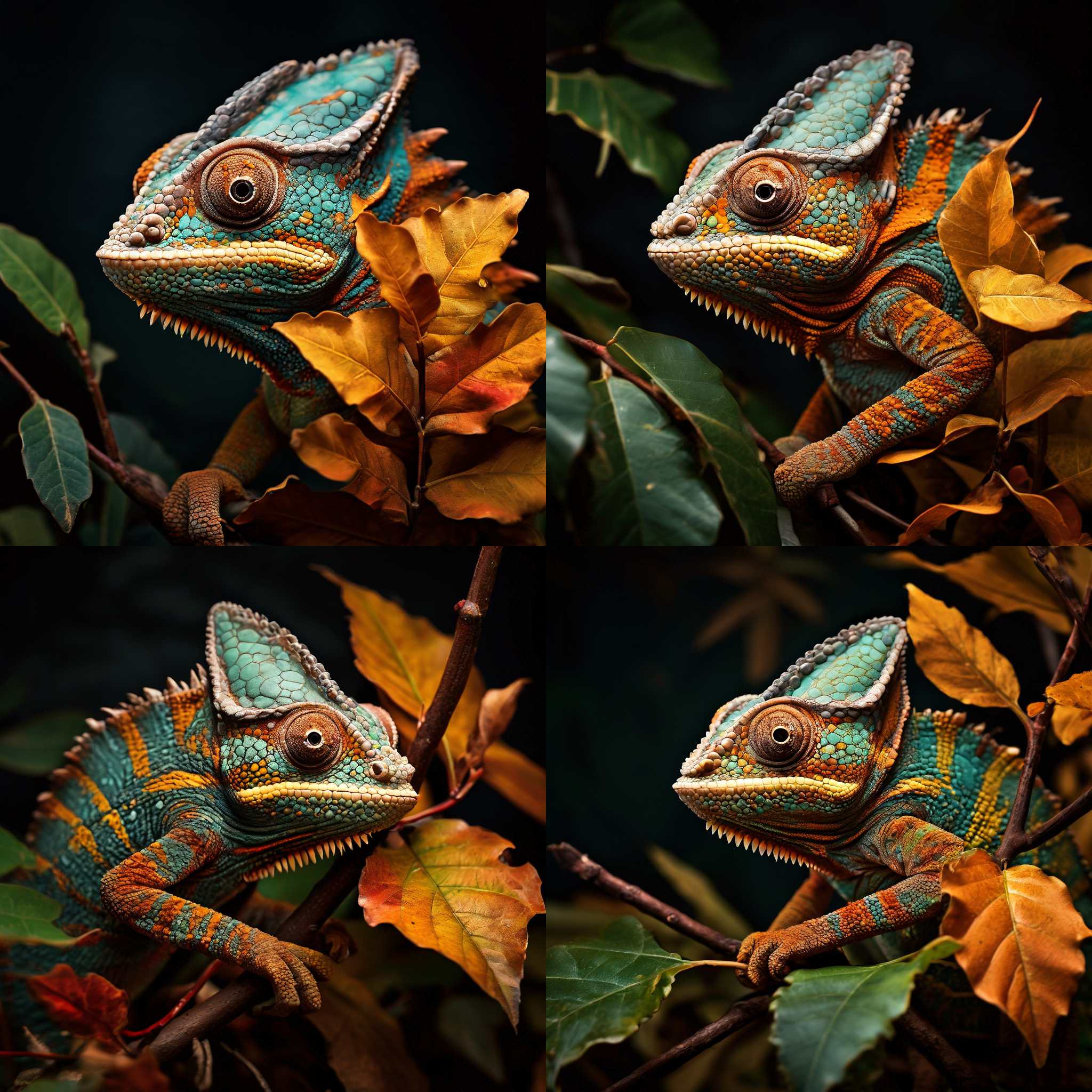 A chameleon blending in with a brown leaf