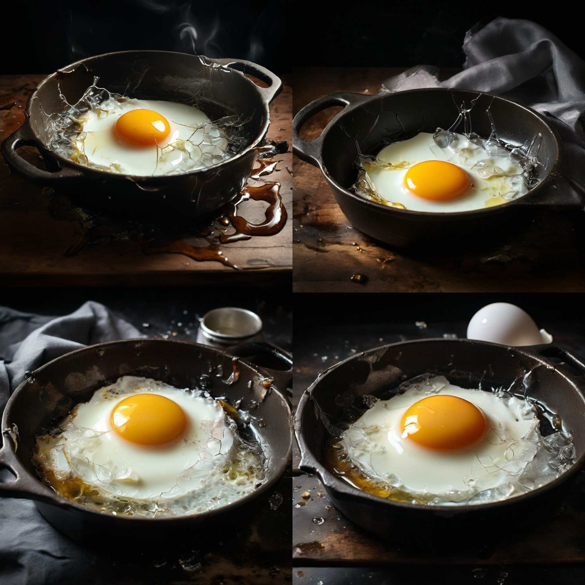 A cracked egg in a cold pan