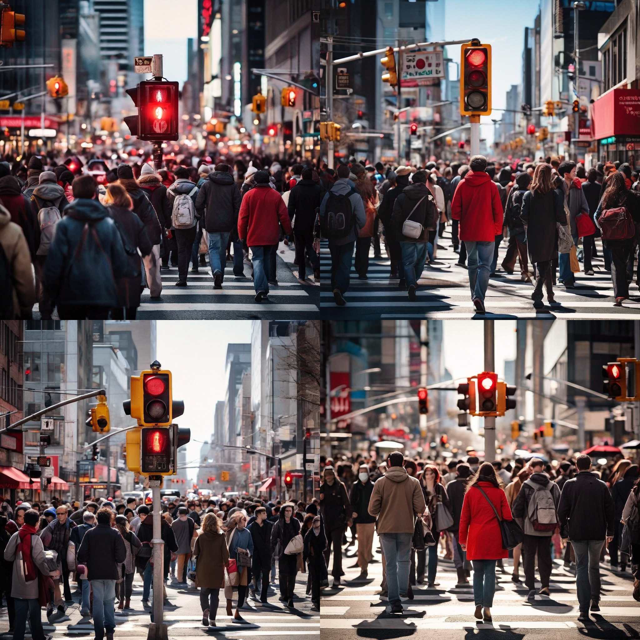 A crowded crosswalk with a red pedestrian signal