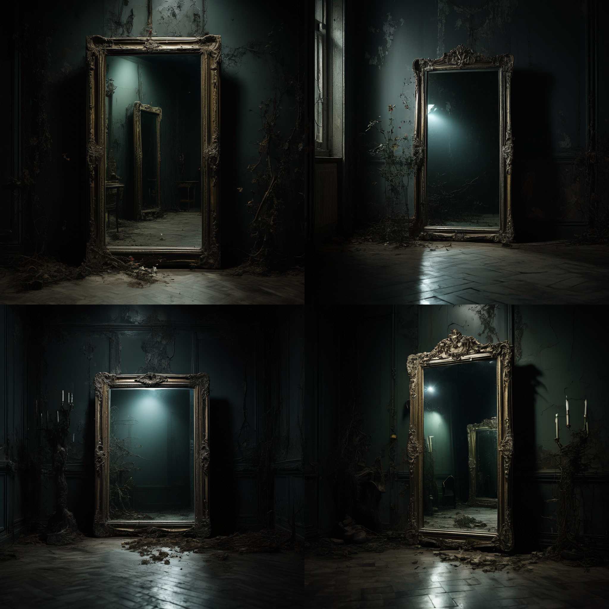 A mirror in a room without light