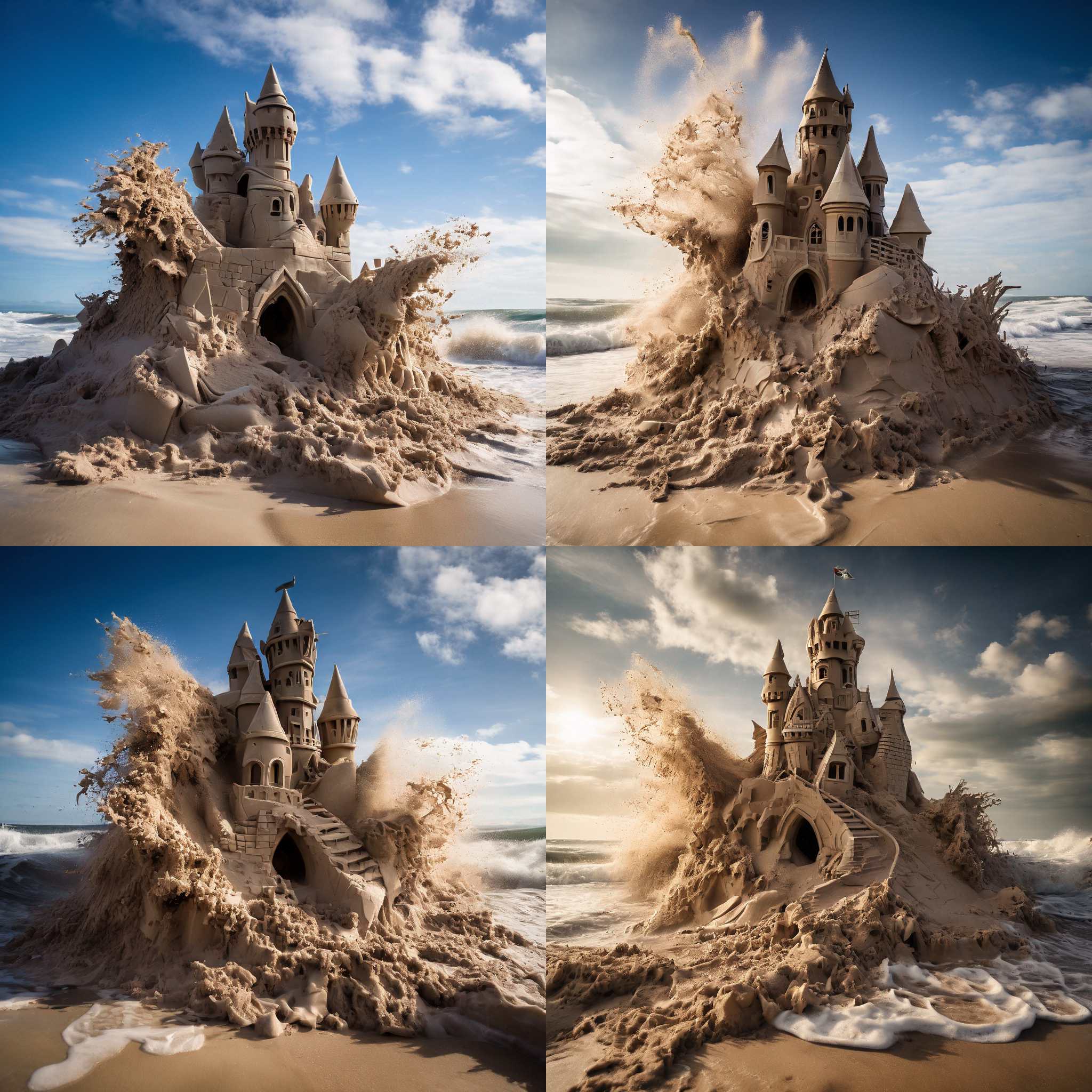 A sandcastle after being hit by a strong wave