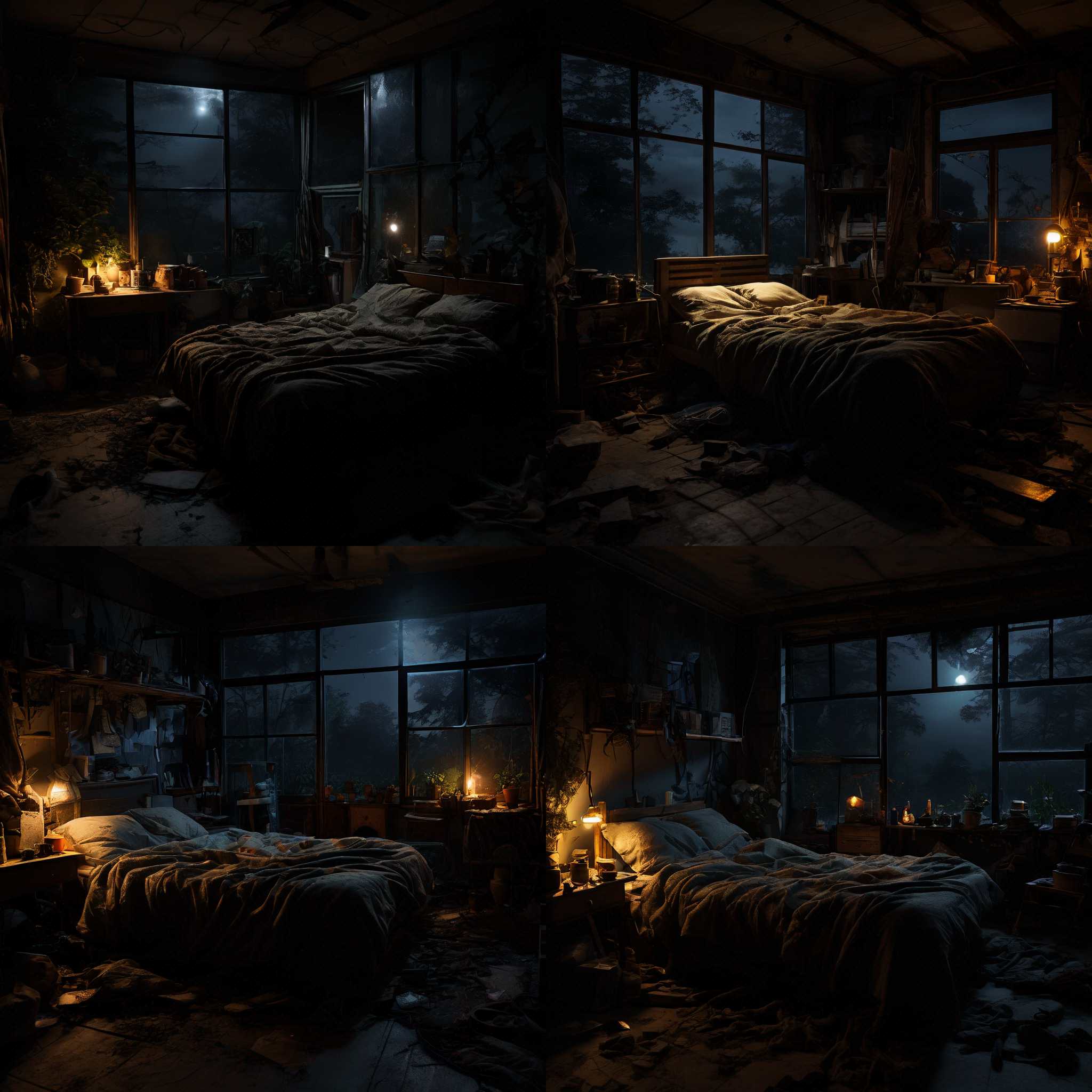 A bedroom at night with no electricity