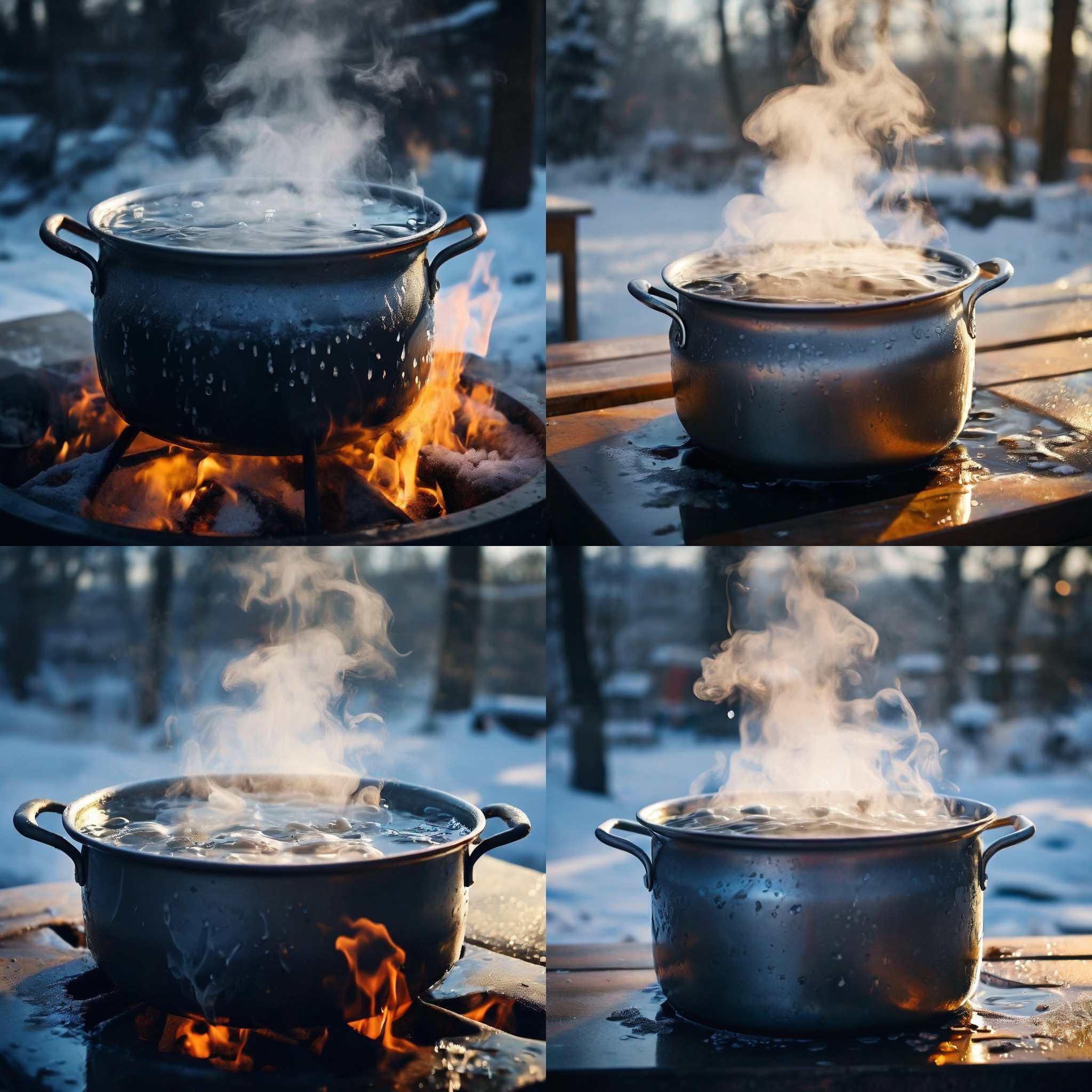 A pot of boiling water on a cold day