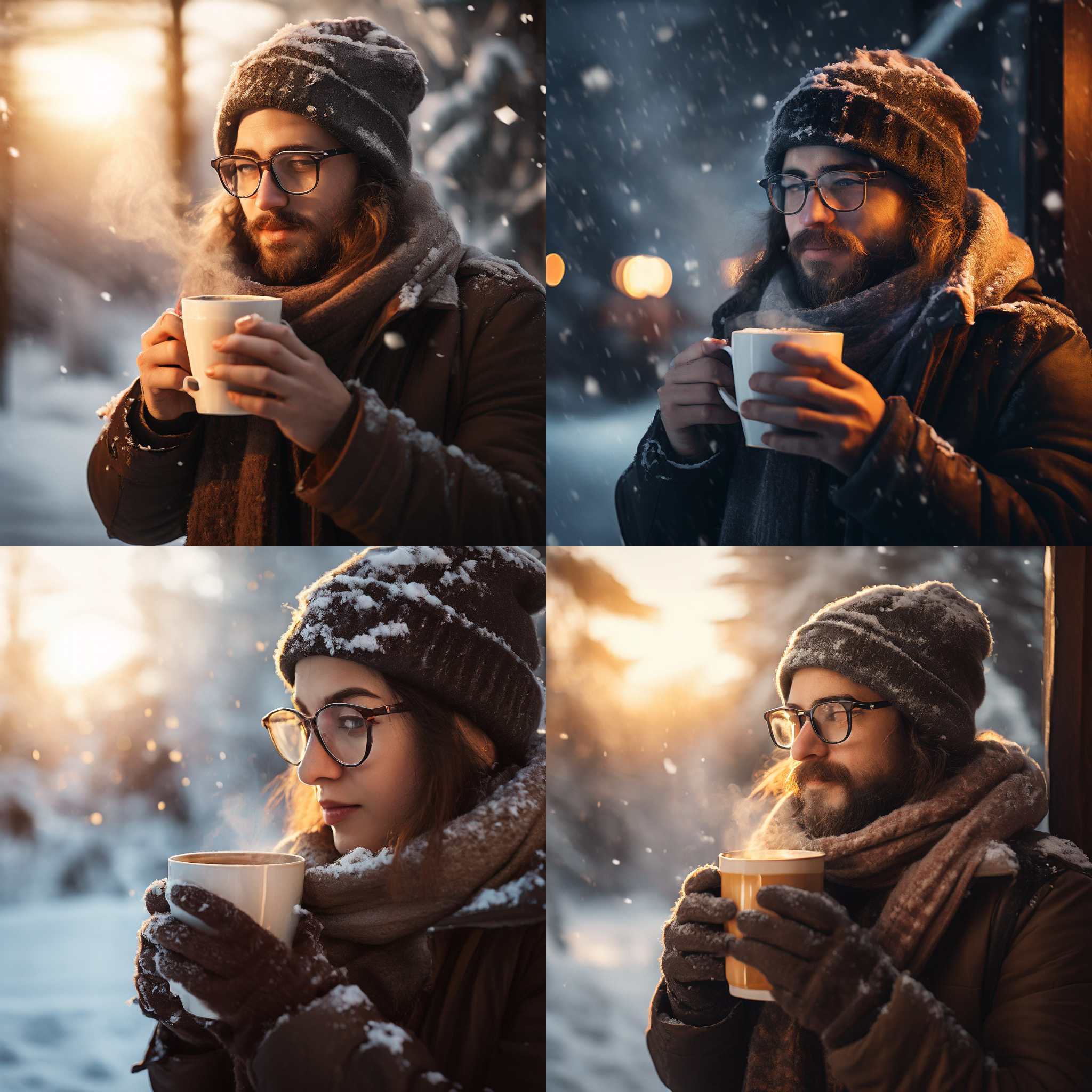 A person with glasses drinking hot coffee in winter