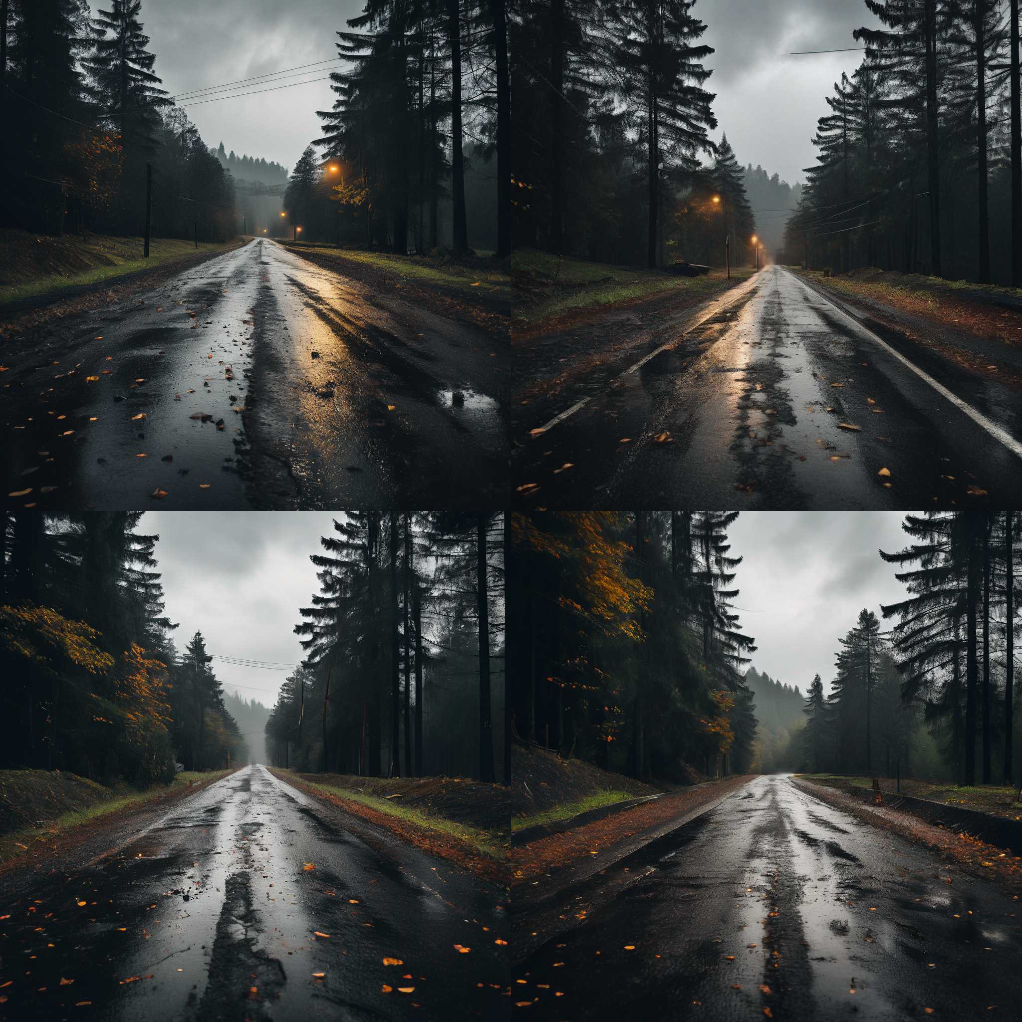 An asphalt road on a rainy day