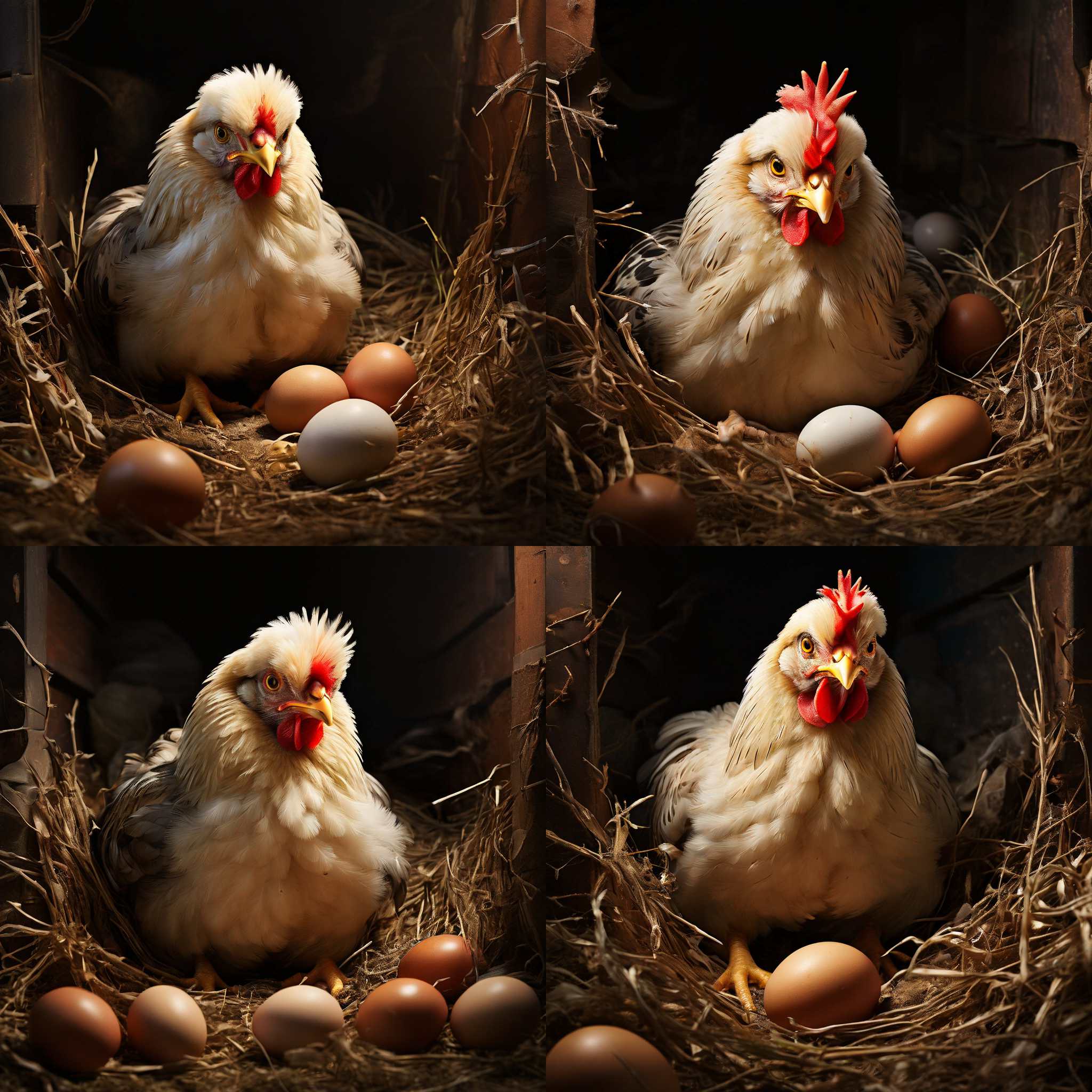 A chicken laying eggs