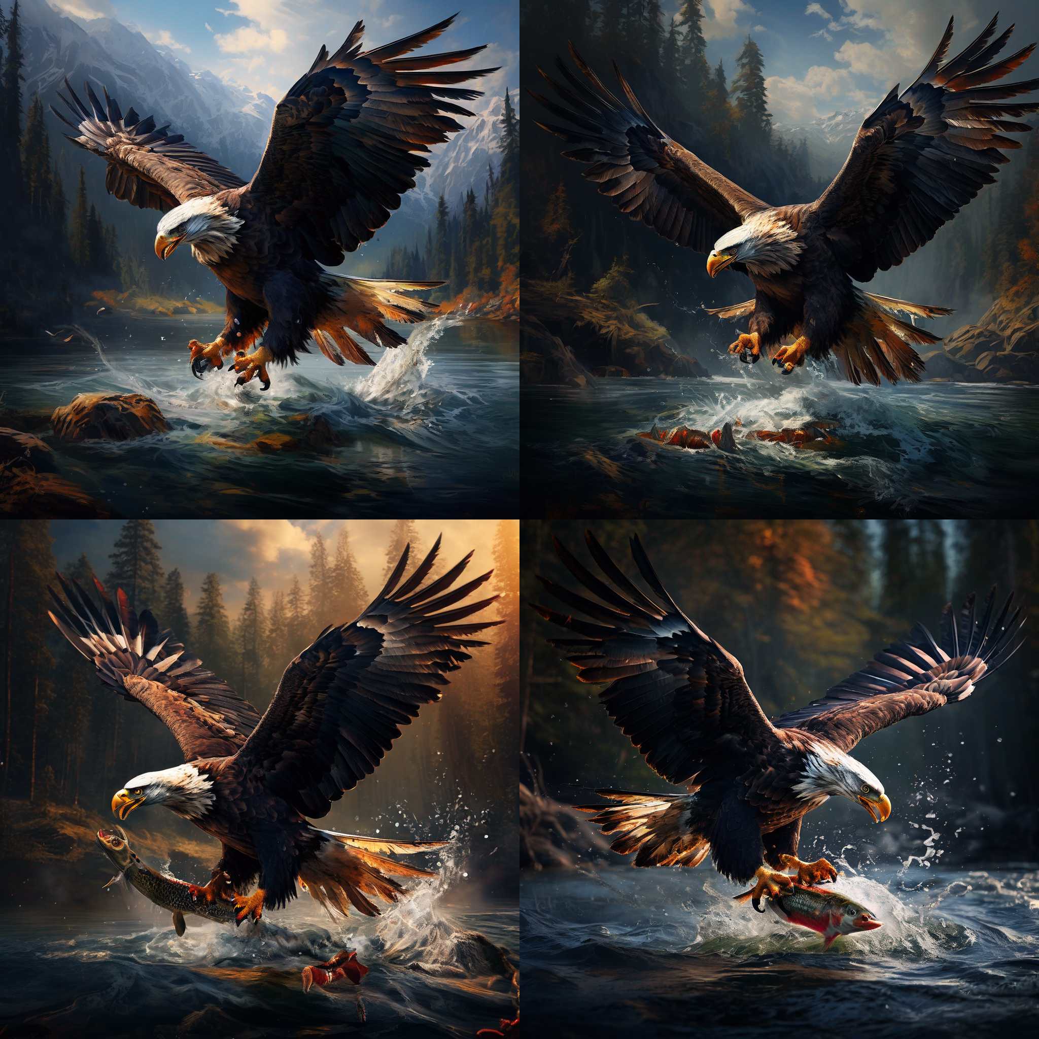 An eagle catching a fish