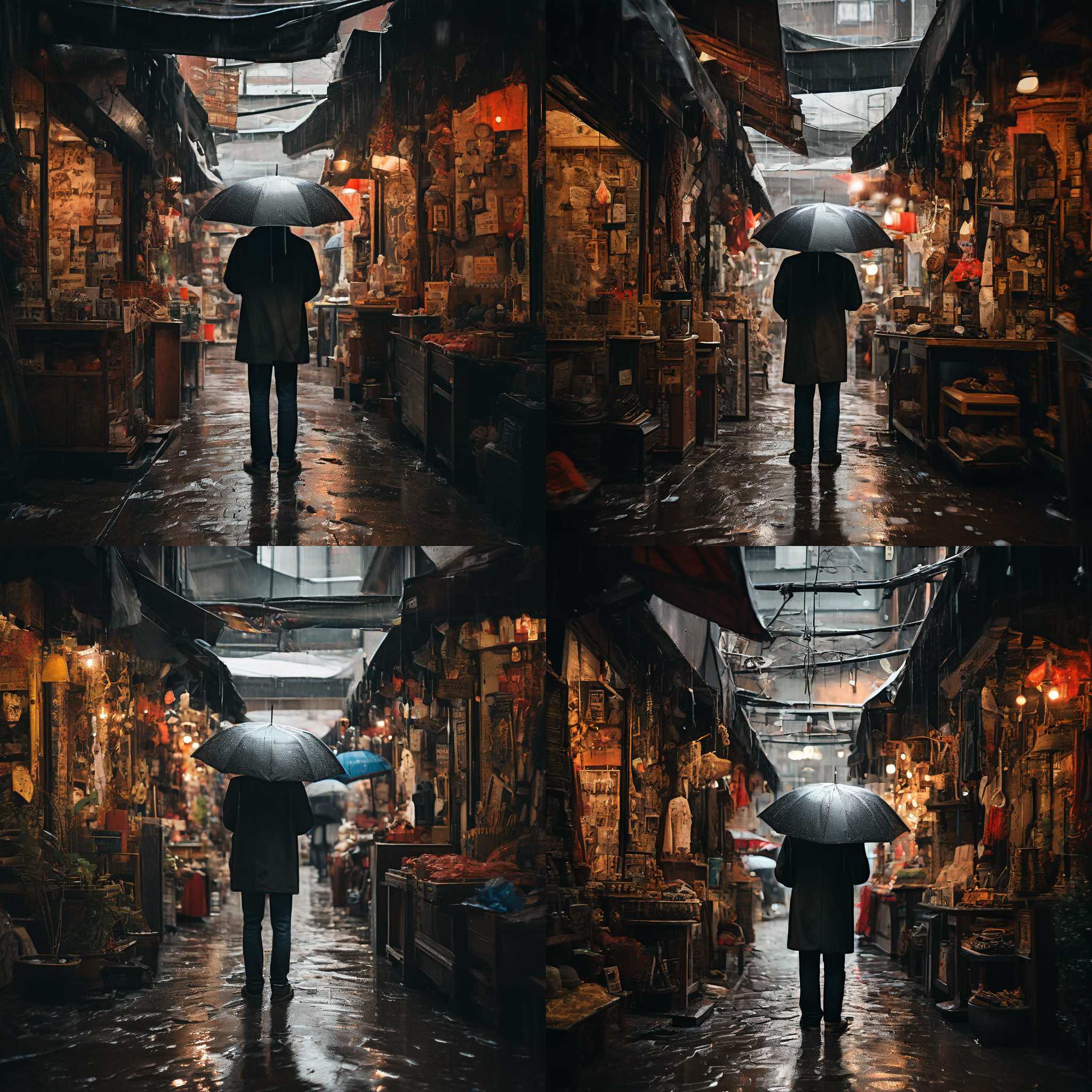 A person with an umbrella in a shop on a rainy day