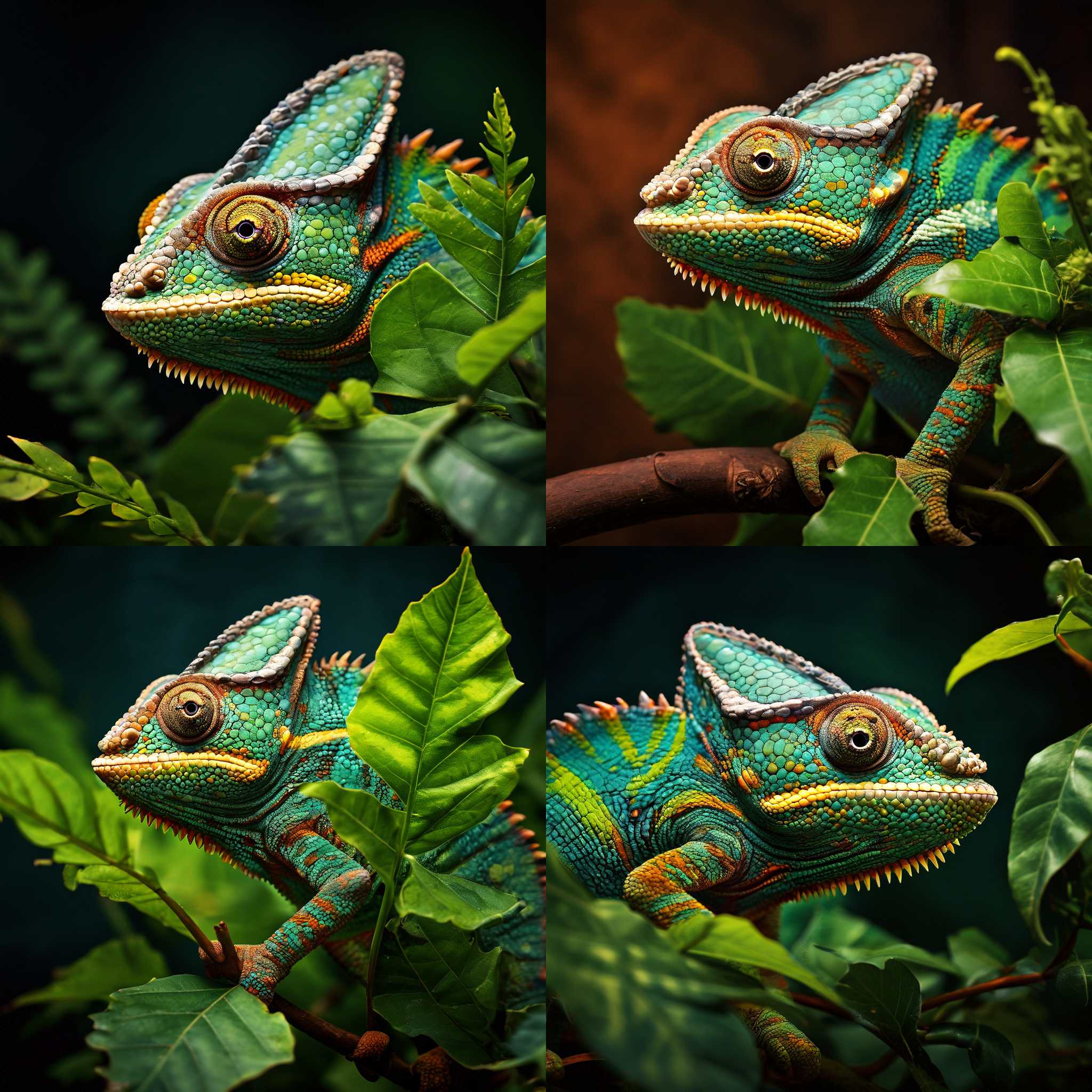 A chameleon blending in with a green leaf