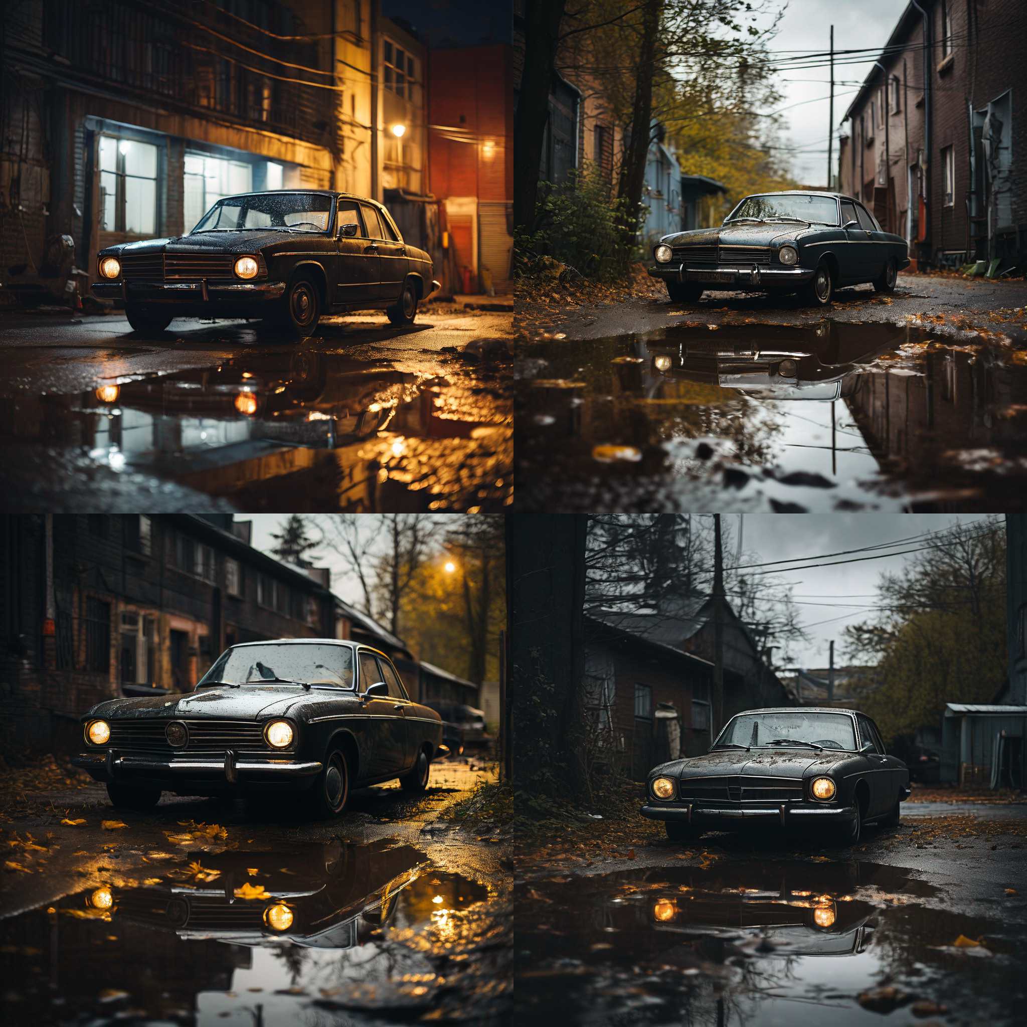 A car parked above a puddle