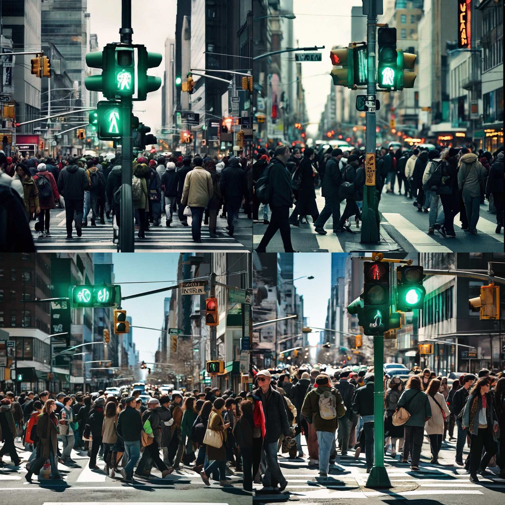 A crowded crosswalk with a green pedestrian signal