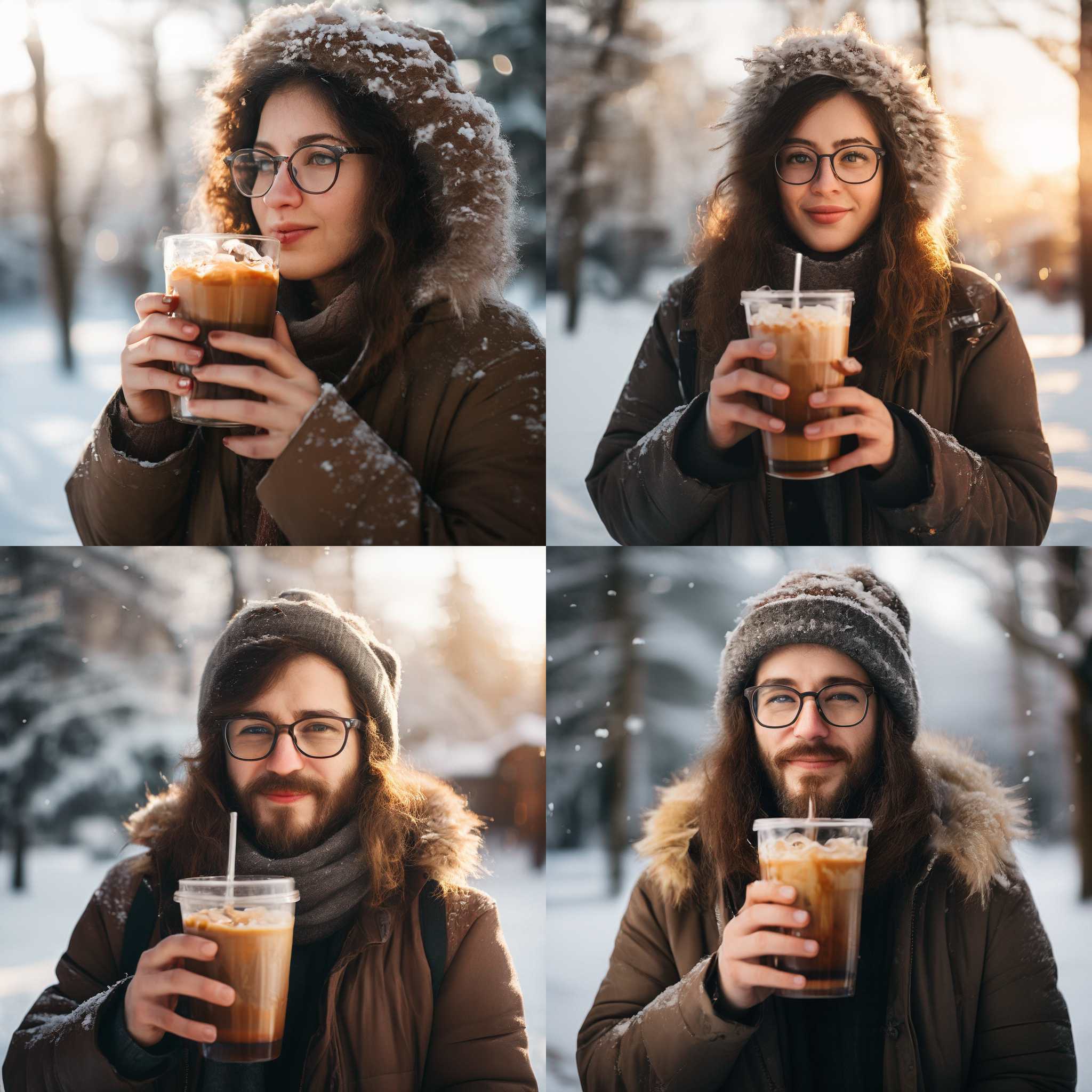 A person with glasses drinking iced coffee in winter