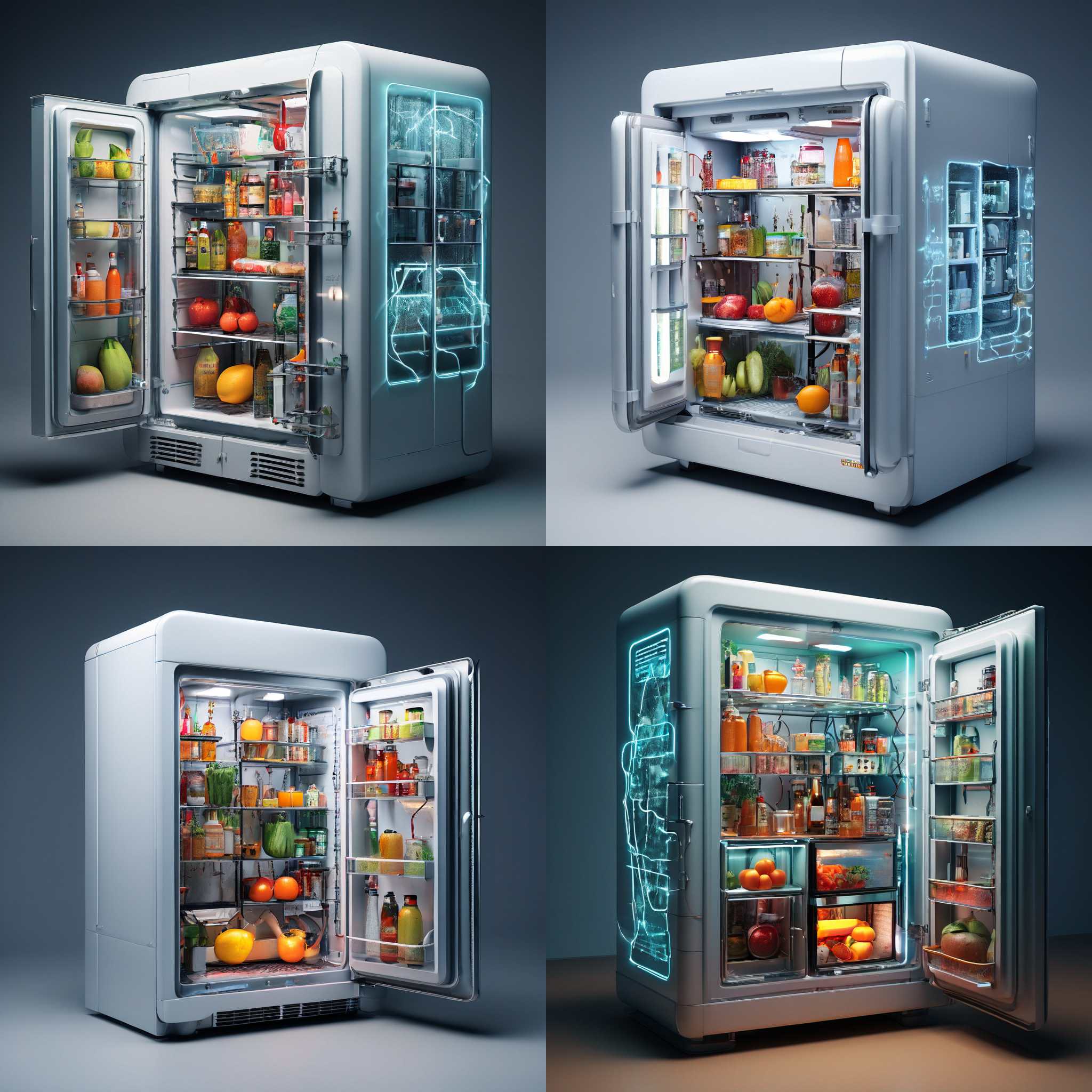 An open fridge connected to electricity