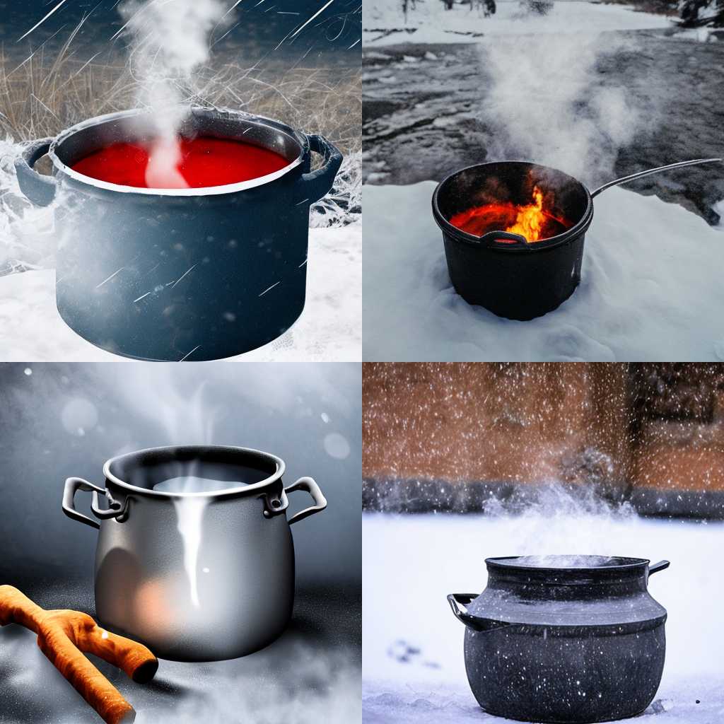 A pot of boiling water on a cold day