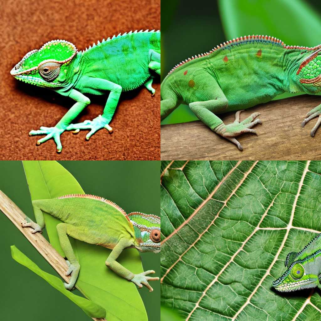 A chameleon blending in with a green leaf