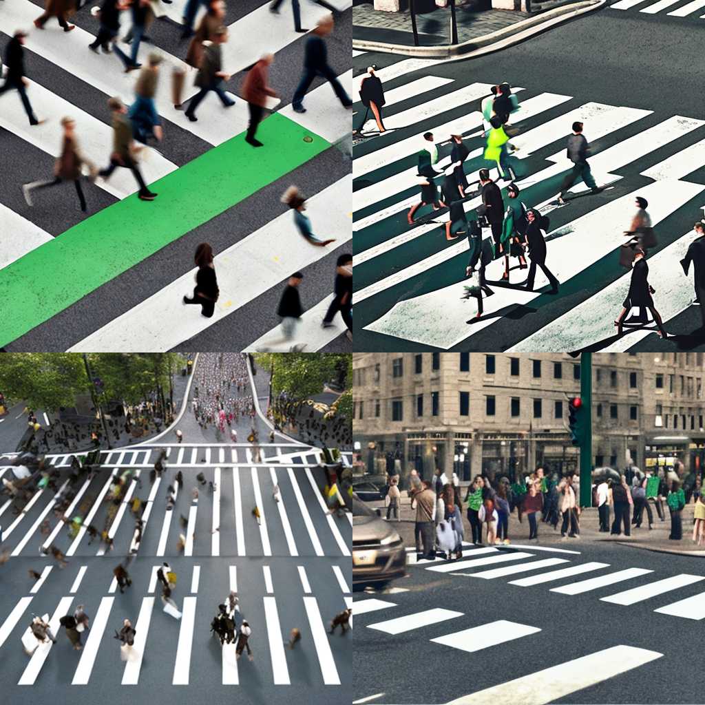 A crowded crosswalk with a green pedestrian signal