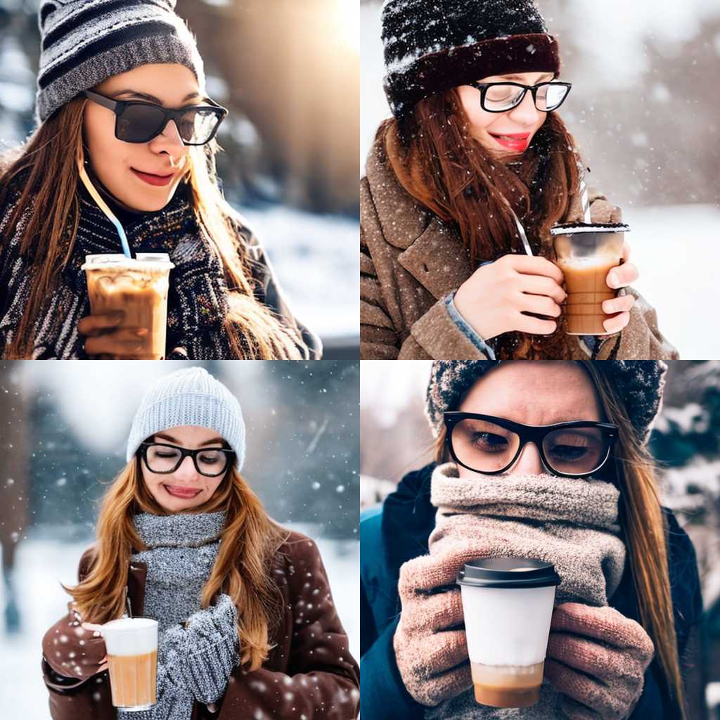 A person with glasses drinking iced coffee in winter