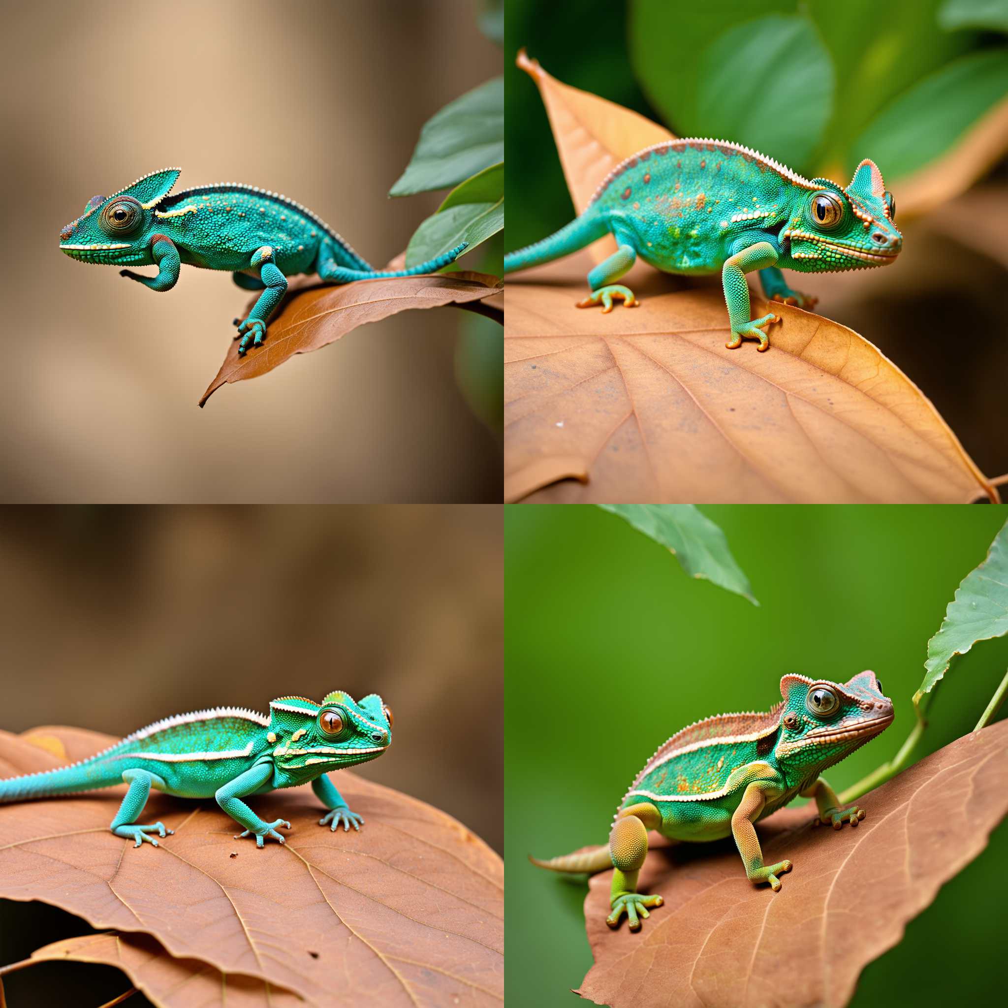 A chameleon blending in with a brown leaf