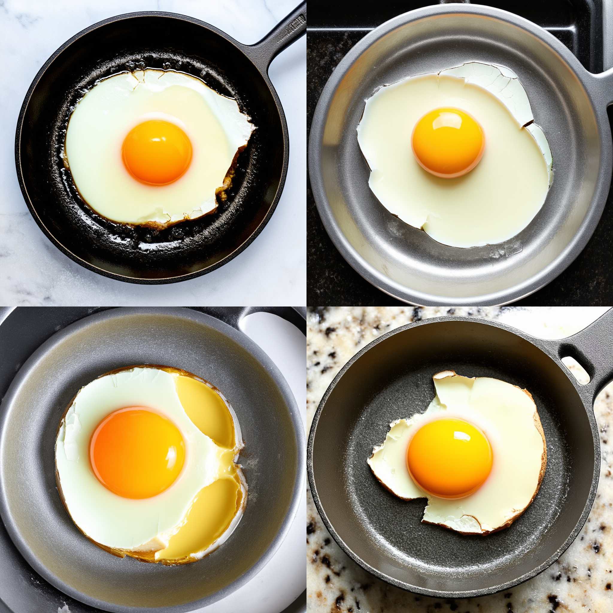 A cracked egg in a cold pan