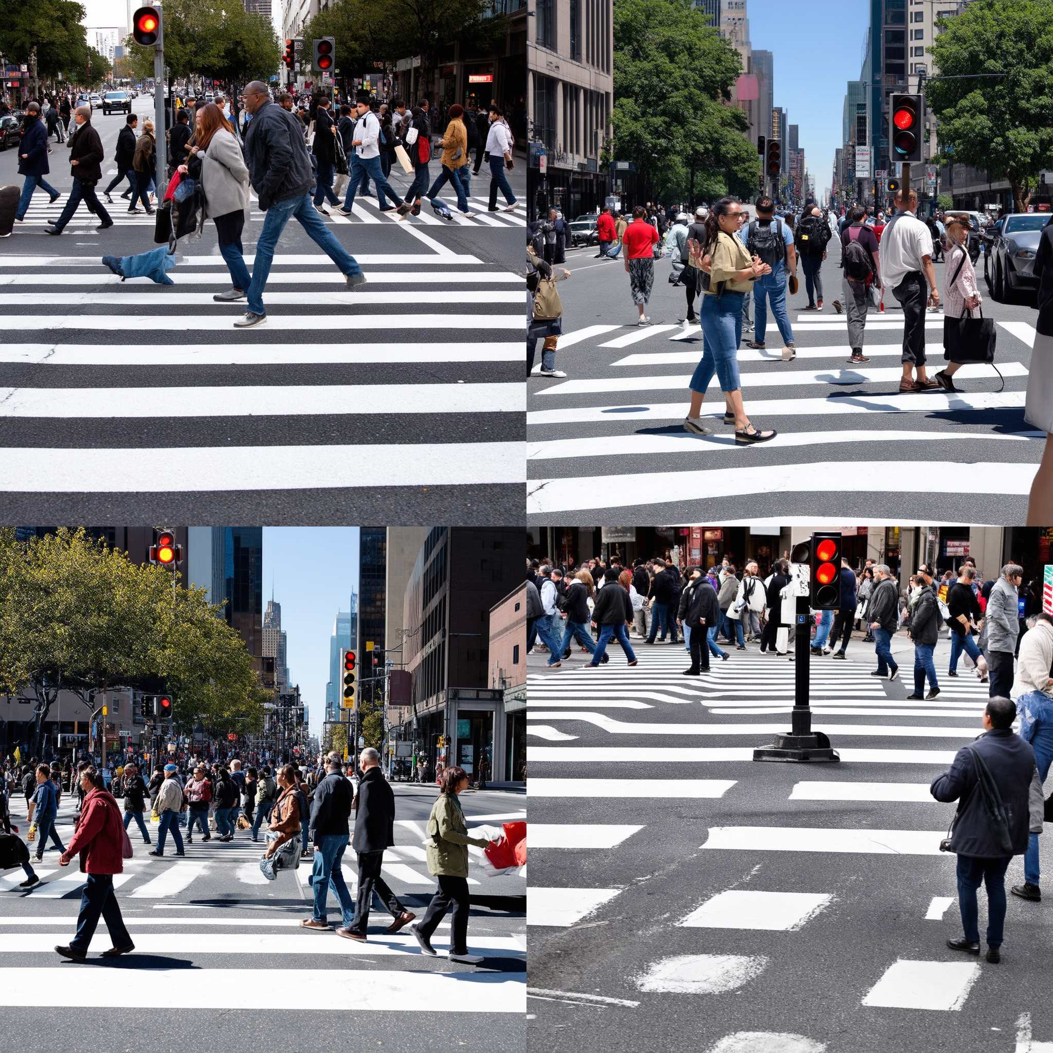 A crowded crosswalk with a red pedestrian signal