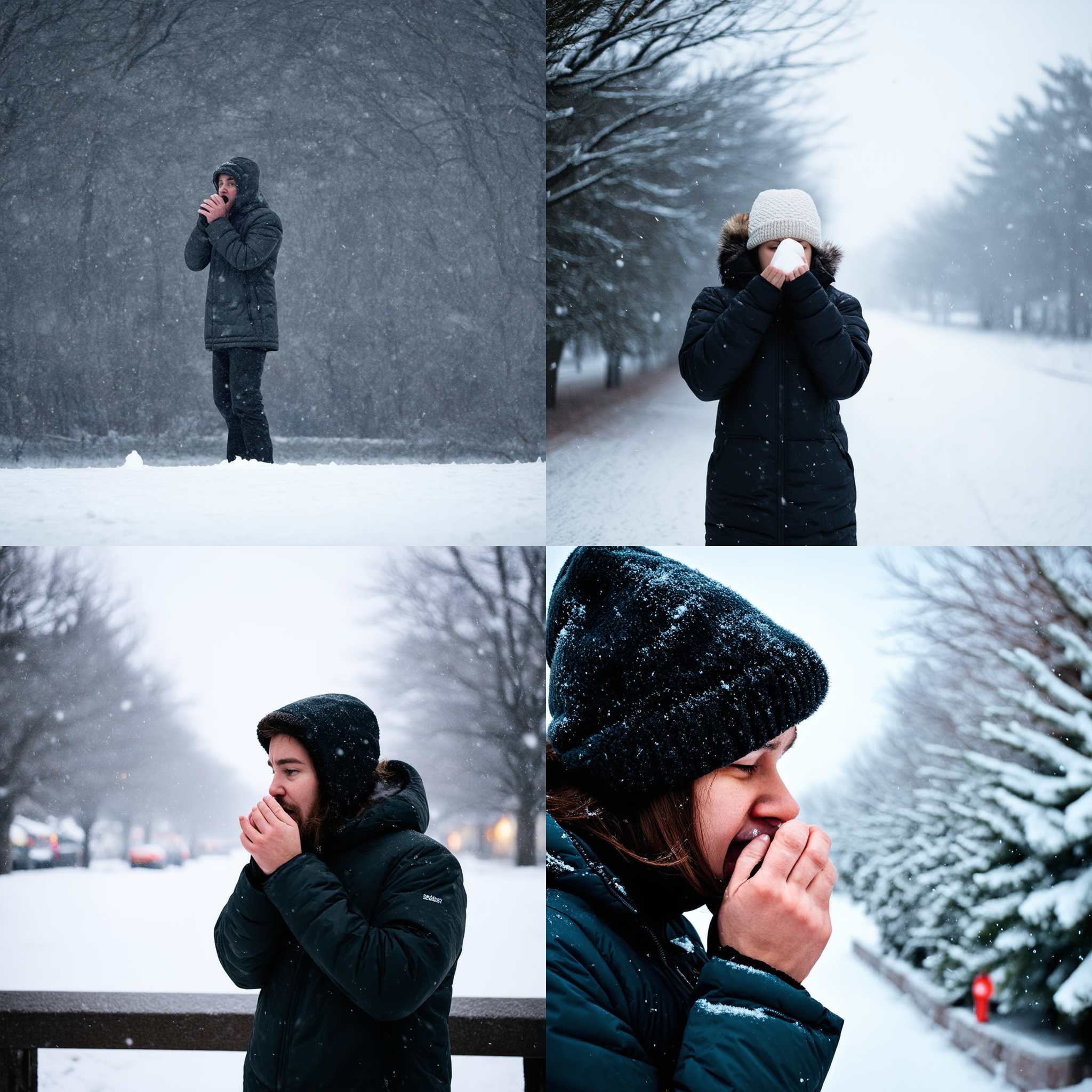 A person exhaling on a freezing winter day