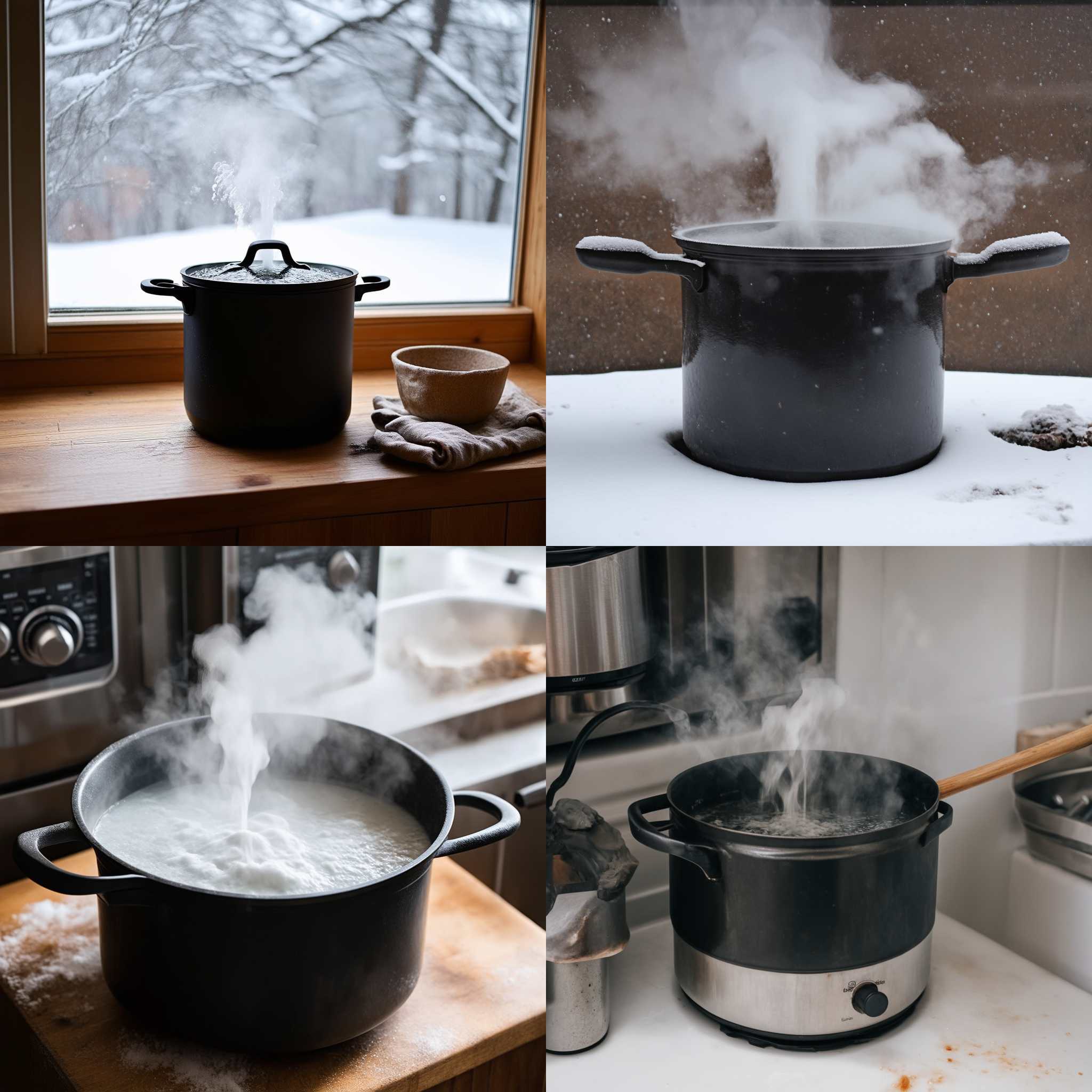 A pot of boiling water on a cold day