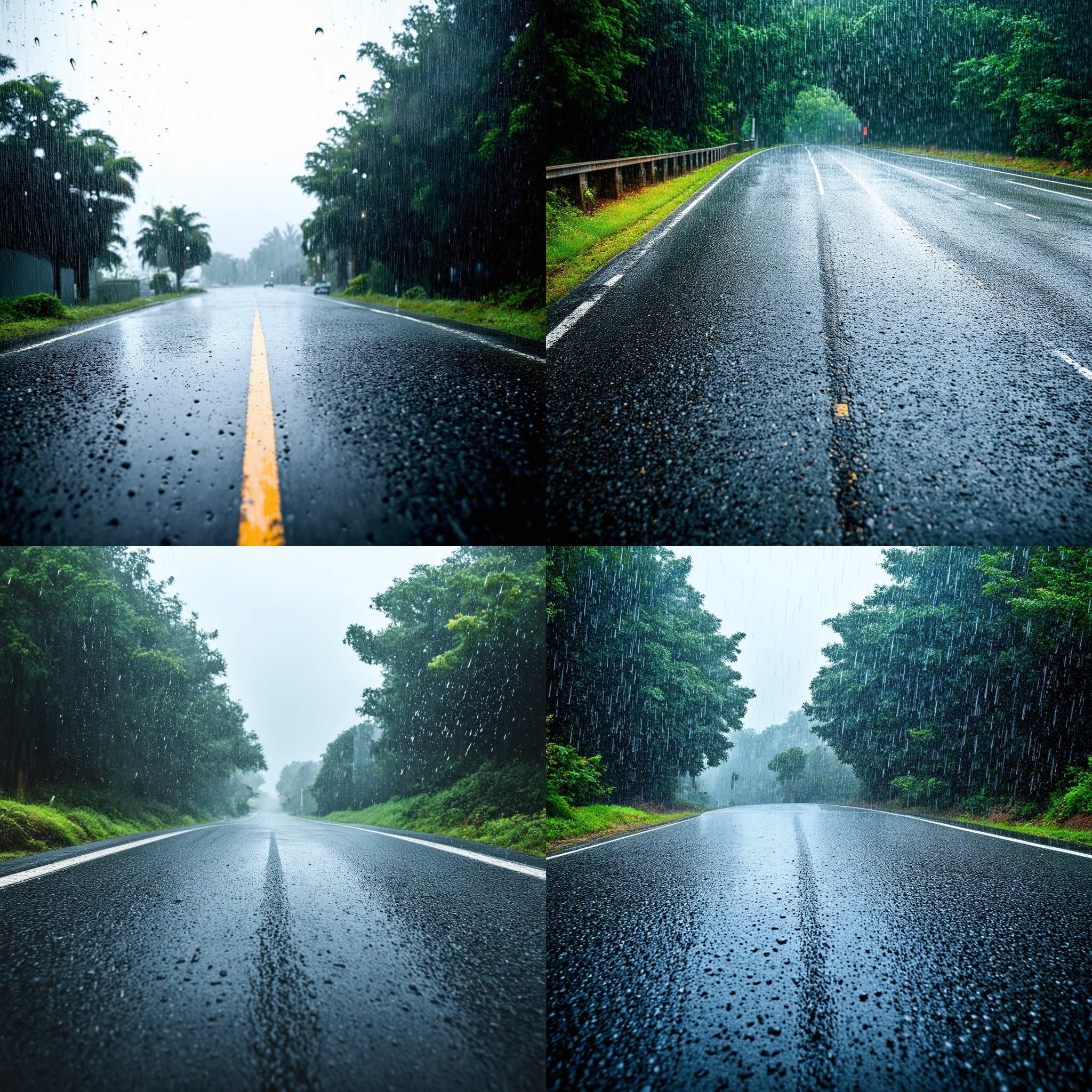 An asphalt road on a rainy day