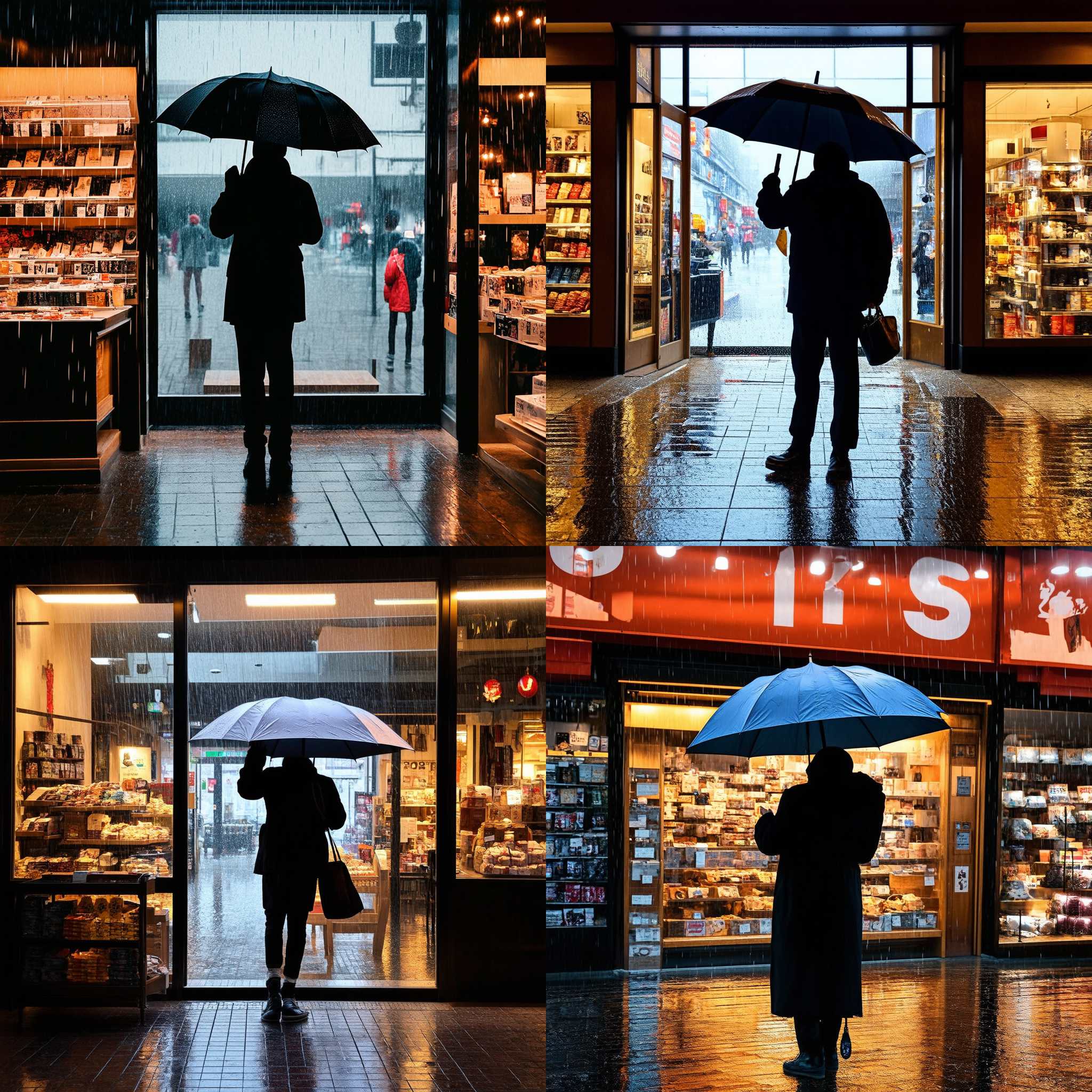 A person with an umbrella in a shop on a rainy day