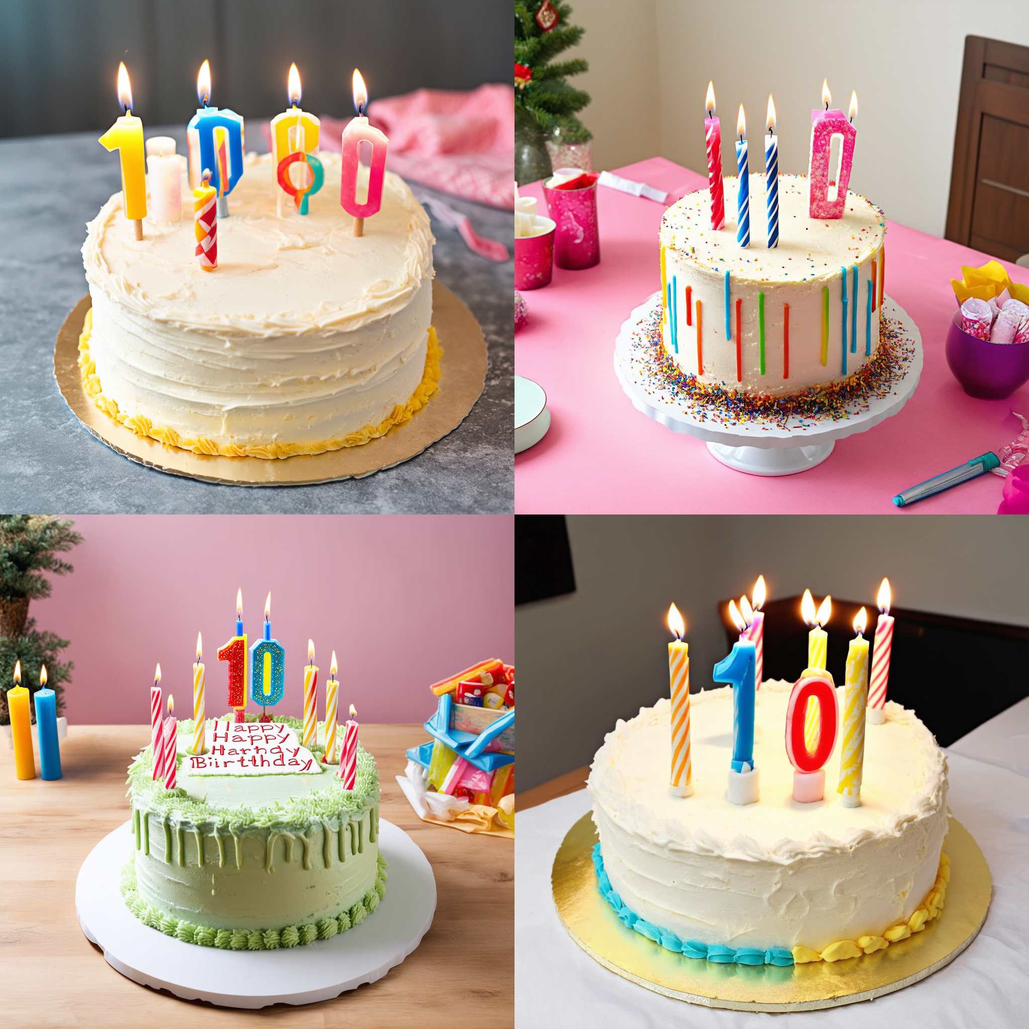 A ten-year-old kid's birthday cake with taper candles